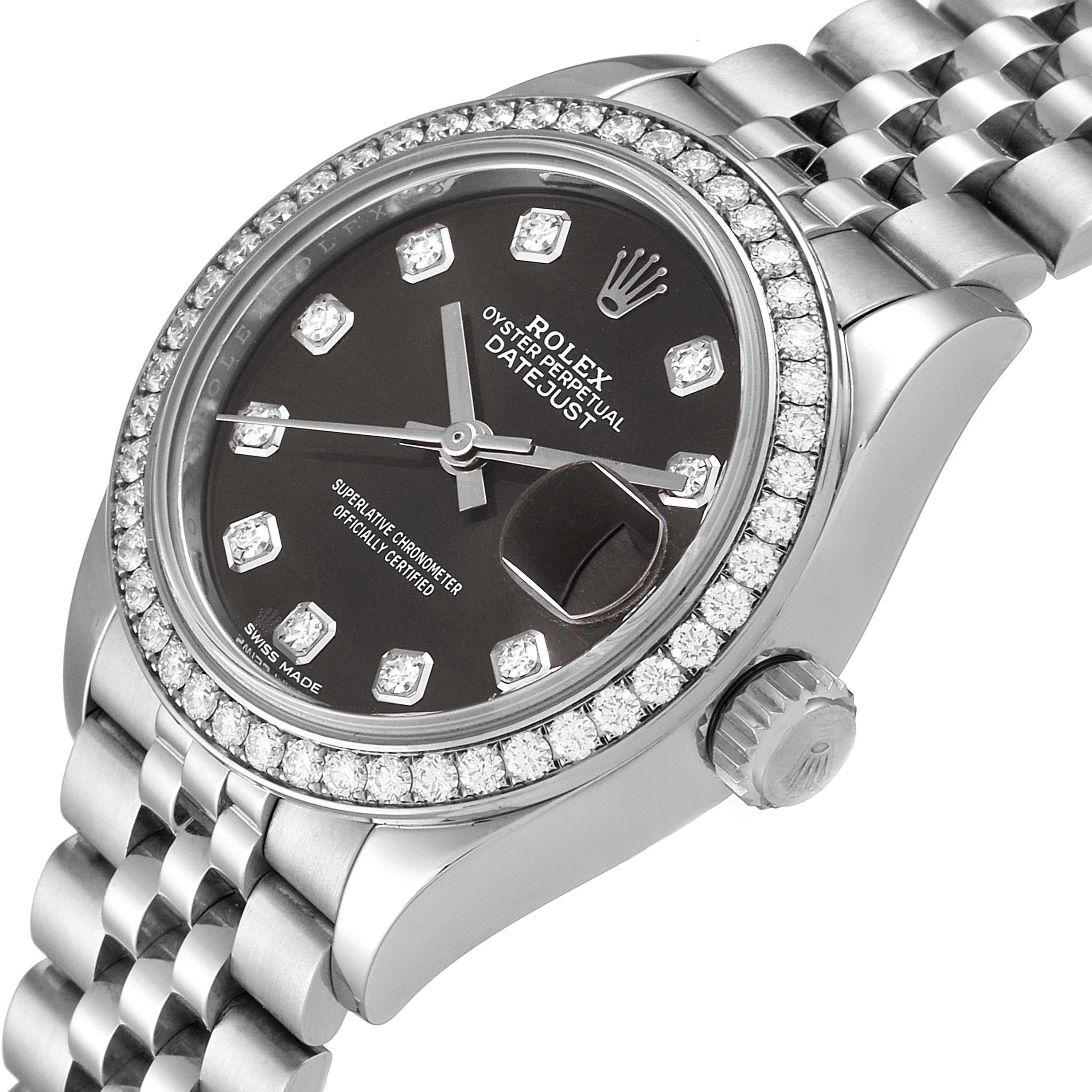 The image shows a close-up angle of a Rolex Datejust 279384 Women's Stainless Steel Grey Dial 279384 Women's Stainless Steel Grey Dial watch's dial, bezel, crown, and part of the bracelet.