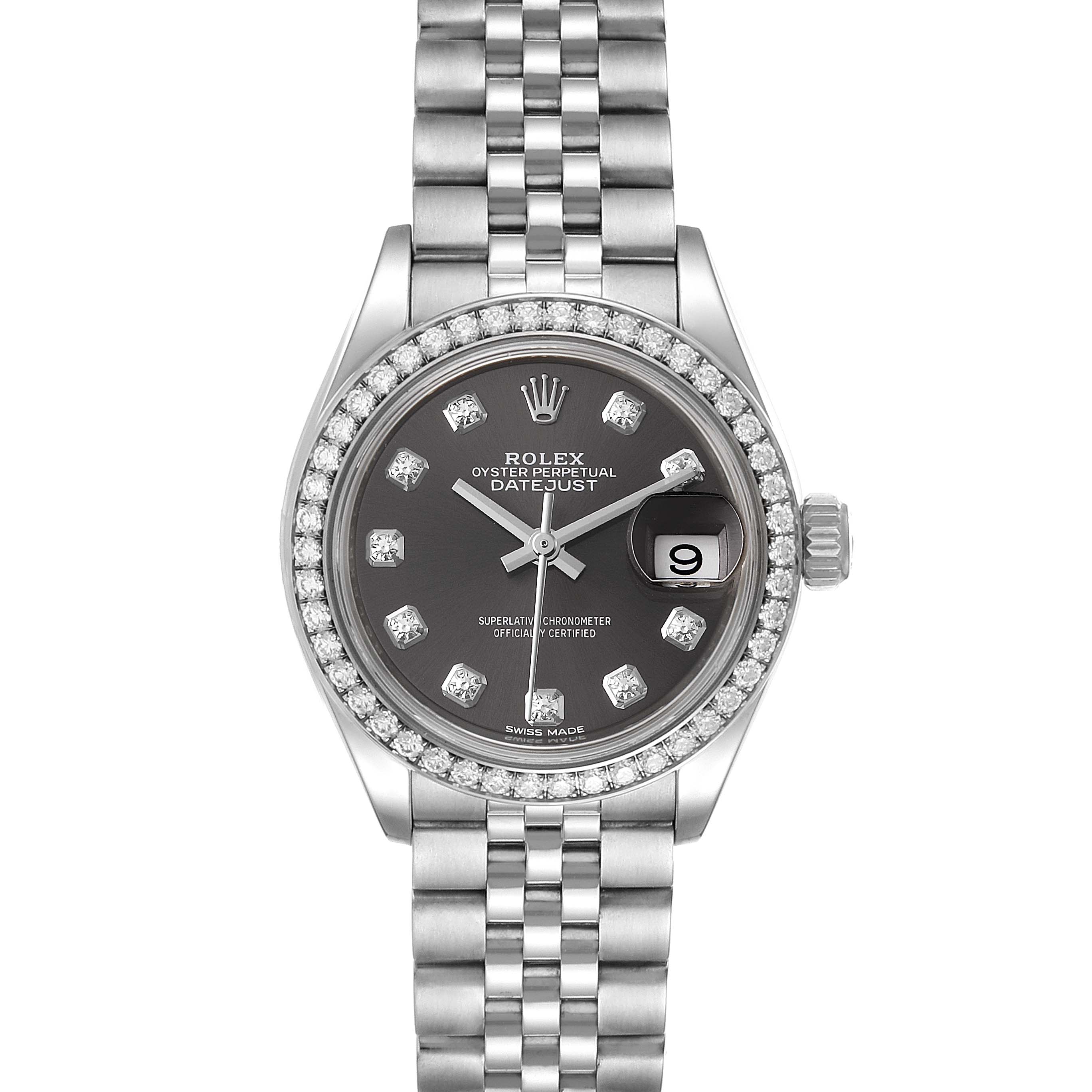 This is a front view of a Rolex Datejust 279384 Women's Stainless Steel Grey Dial 279384 Women's Stainless Steel Grey Dial watch showcasing its dial, bezel, and partially visible bracelet.