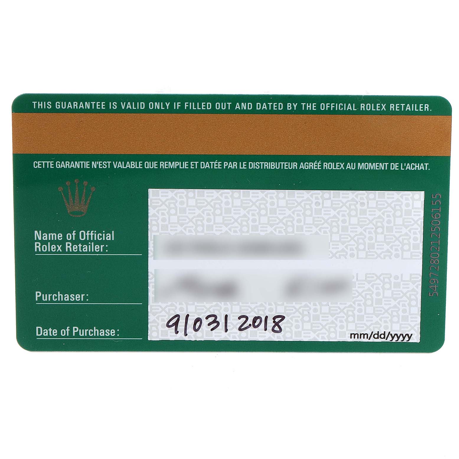 This is the guarantee card for a Rolex Datejust 279384 Women's Stainless Steel Grey Dial 279384 Women's Stainless Steel Grey Dial watch, shown from a top-down angle.