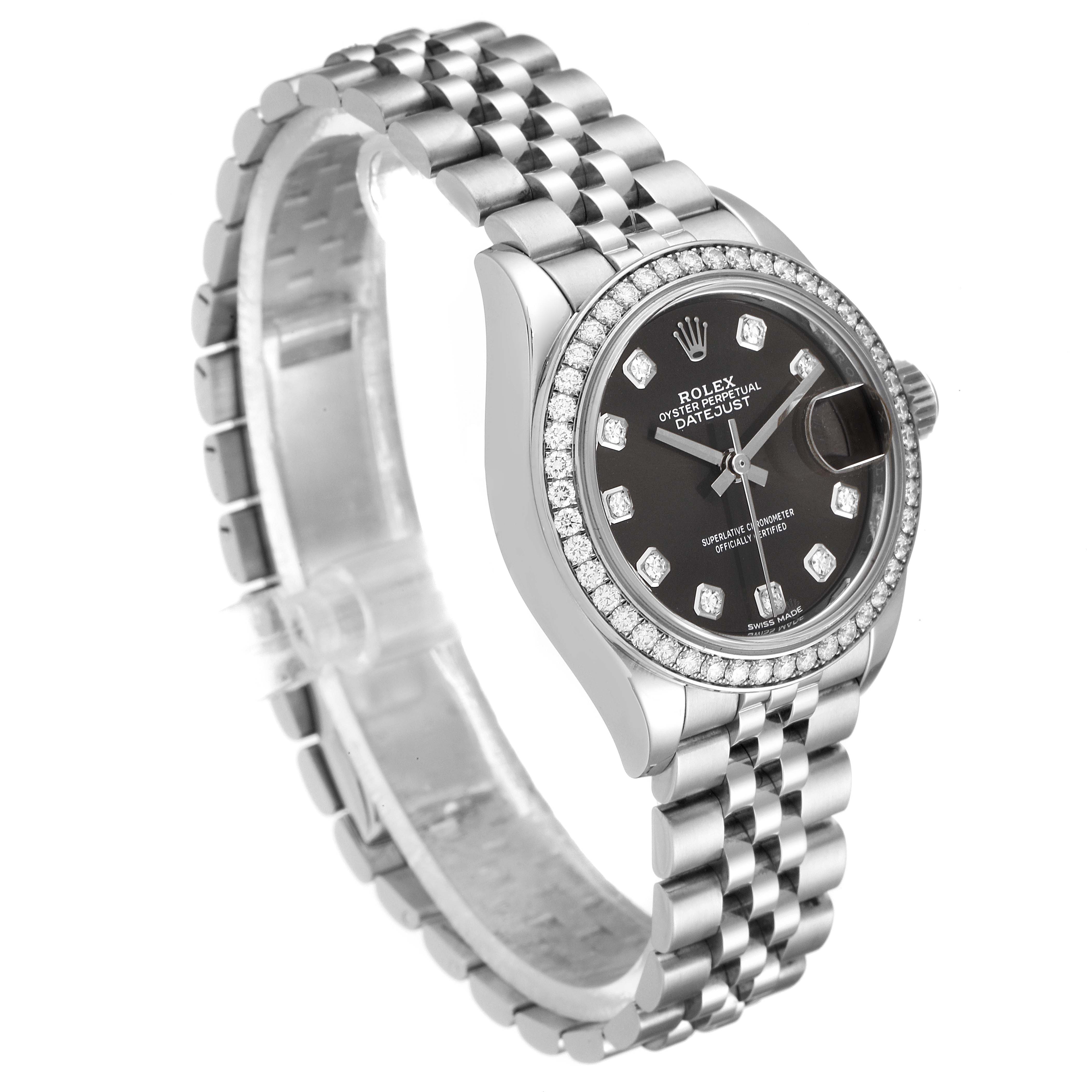 This image shows a Rolex Datejust 279384 Women's Stainless Steel Grey Dial 279384 Women's Stainless Steel Grey Dial watch angled from the top left, displaying the face, bezel, and bracelet.