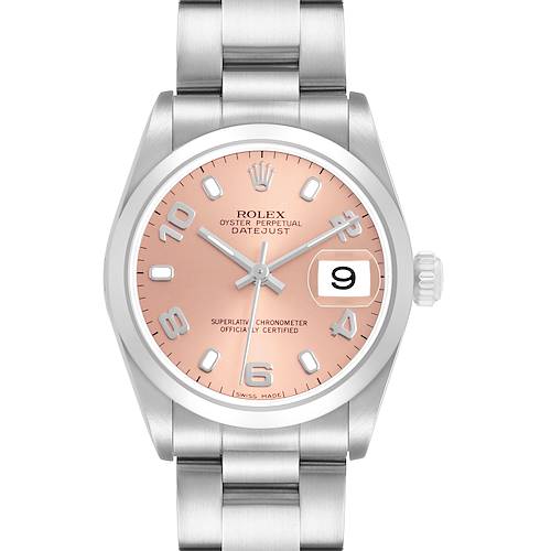 The Rolex Mid-Size 78240 Women's Stainless Steel Pink Dial Datejust watch is shown from the front, displaying the dial, hands, date, and part of the bracelet.