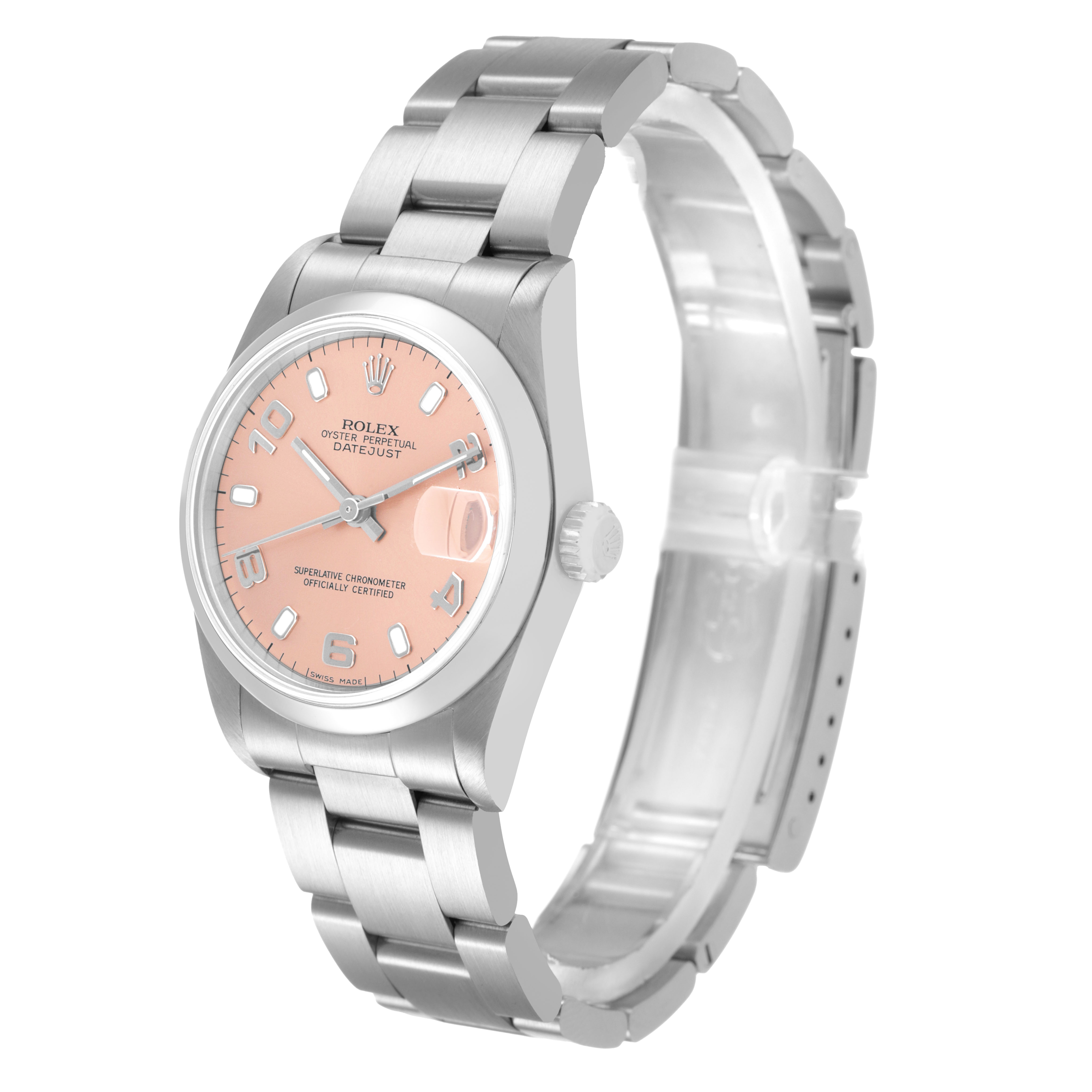 The Rolex Mid-Size 78240 Women's Stainless Steel Pink Dial Datejust watch is shown at a slight angle, displaying the case, bracelet, dial, and crown.