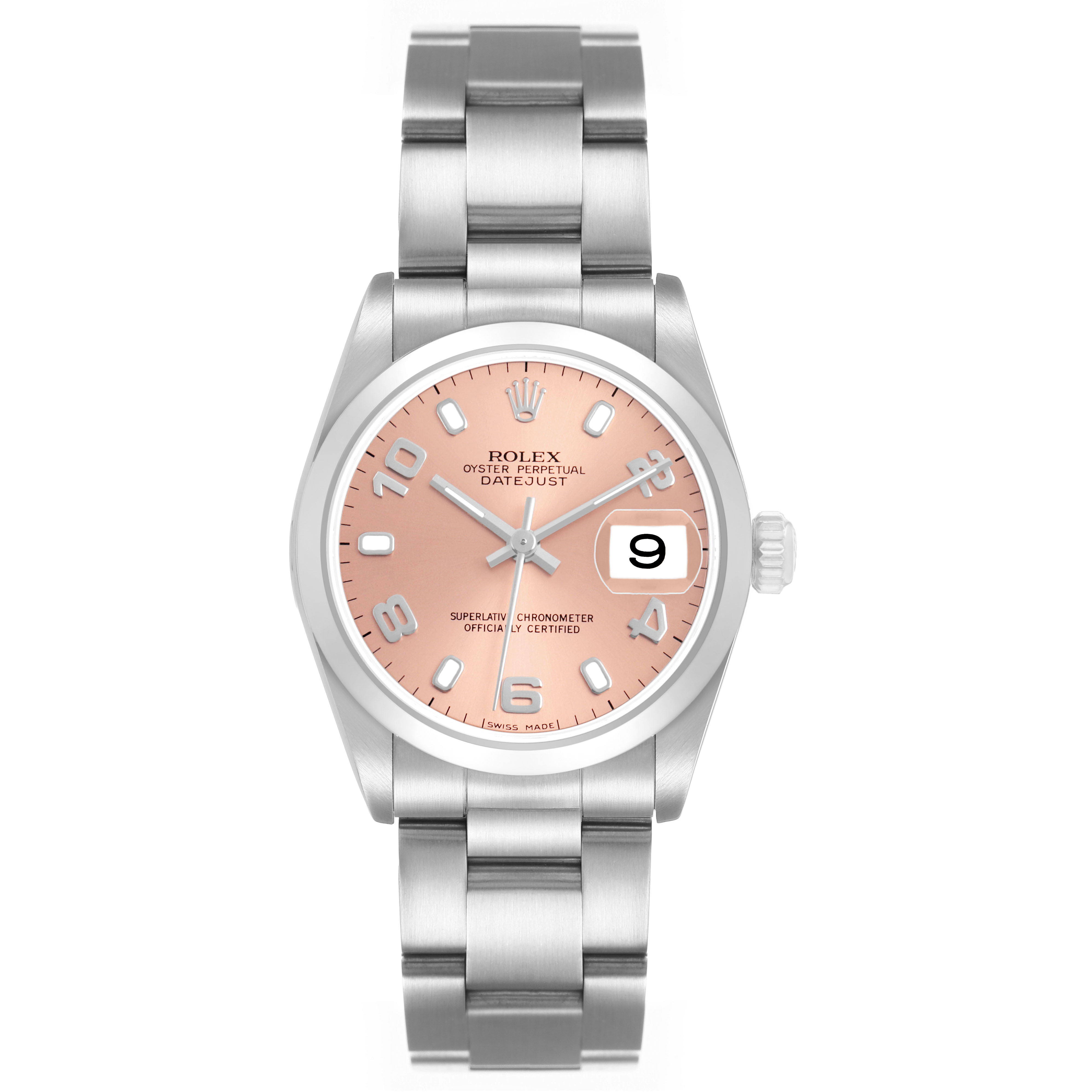 The Rolex Mid-Size 78240 Women's Stainless Steel Pink Dial watch is shown from a front angle, displaying its pink dial, date window, and stainless steel bracelet.