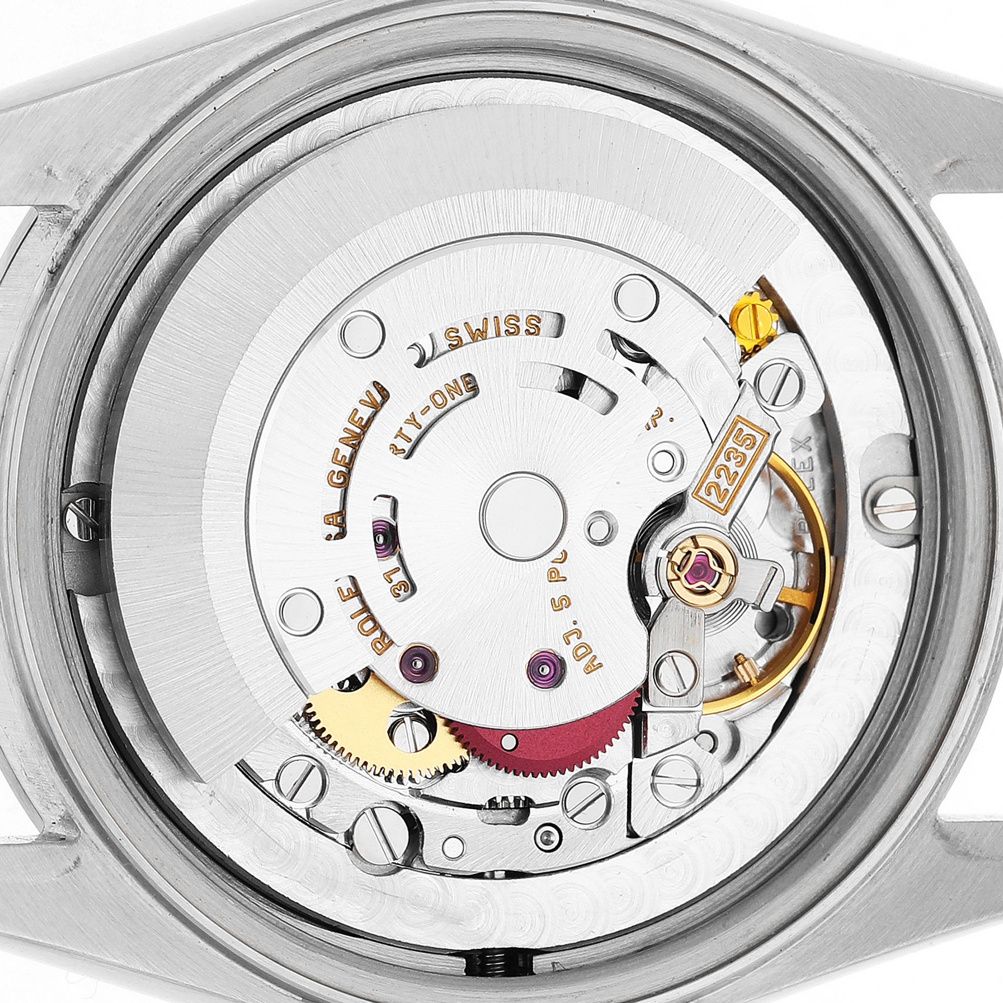 The image shows the back view of a Rolex Mid-Size 78240 Women's Stainless Steel Pink Dial model, displaying its movement and internal components.