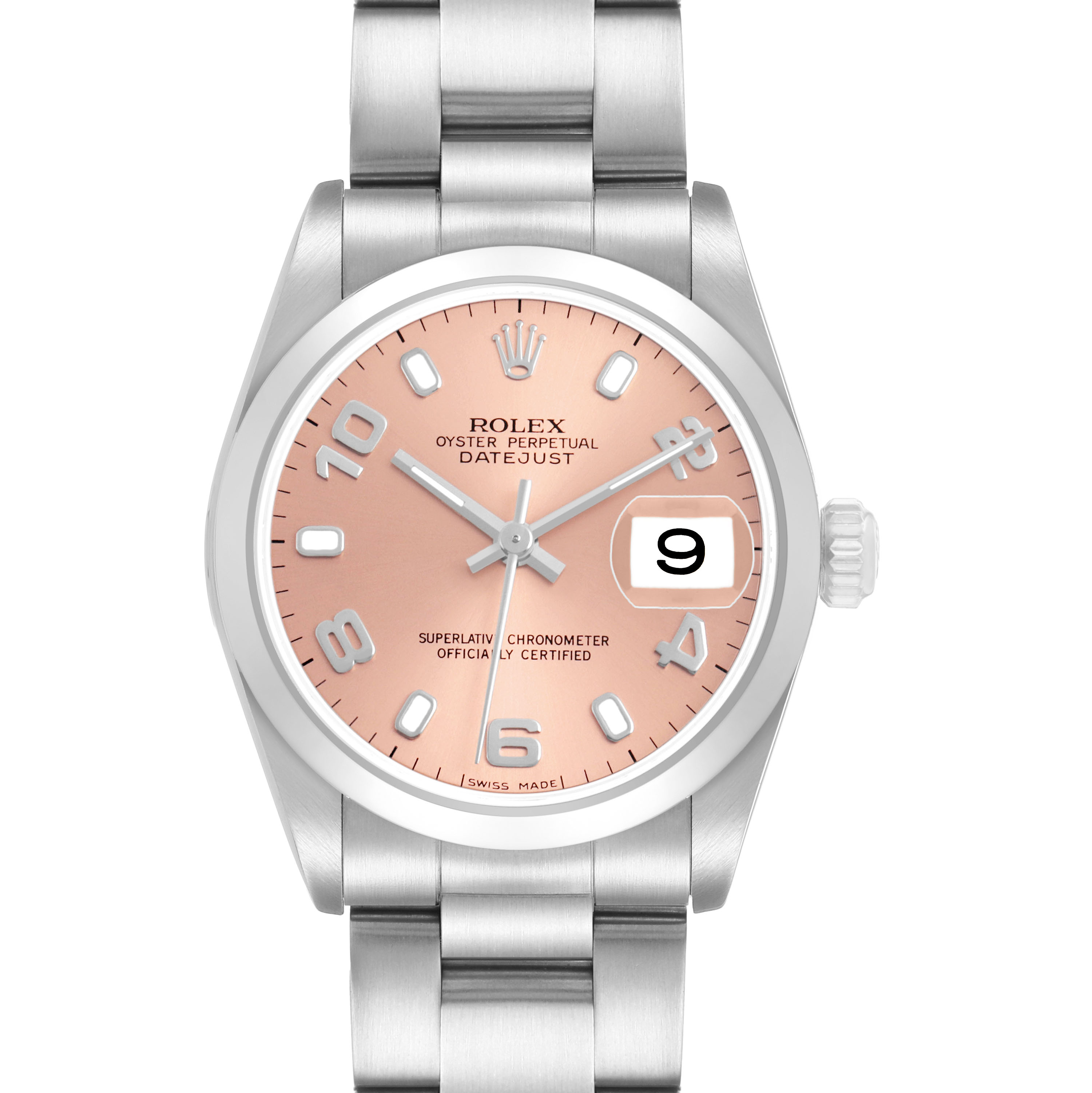 The Rolex Datejust Mid-Size watch is shown from a front angle, displaying the dial, bracelet, and crown.