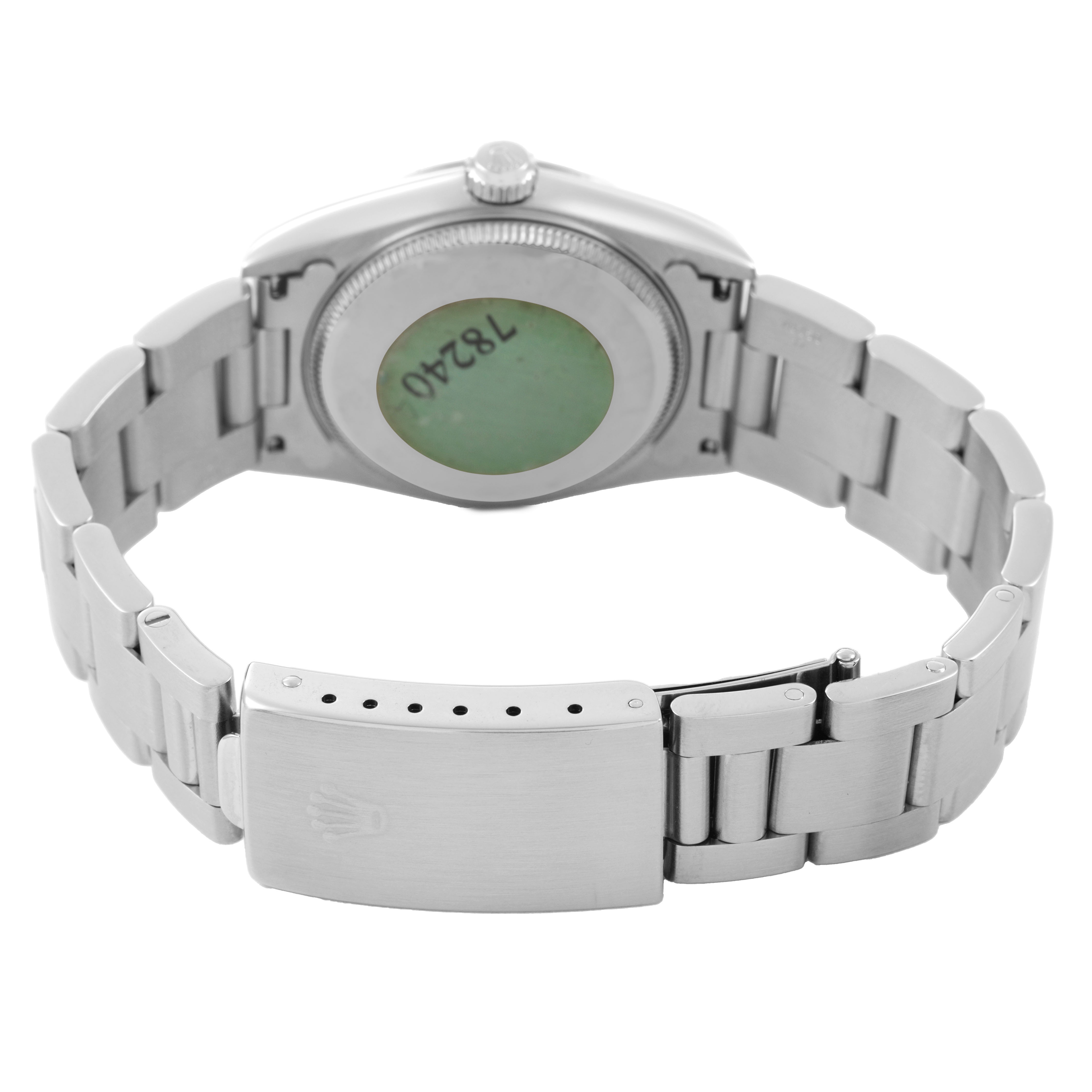 The image shows a rear view of the Rolex Mid-Size 78240 Women's Stainless Steel Pink Dial watch, focusing on the clasp, bracelet, and case back.