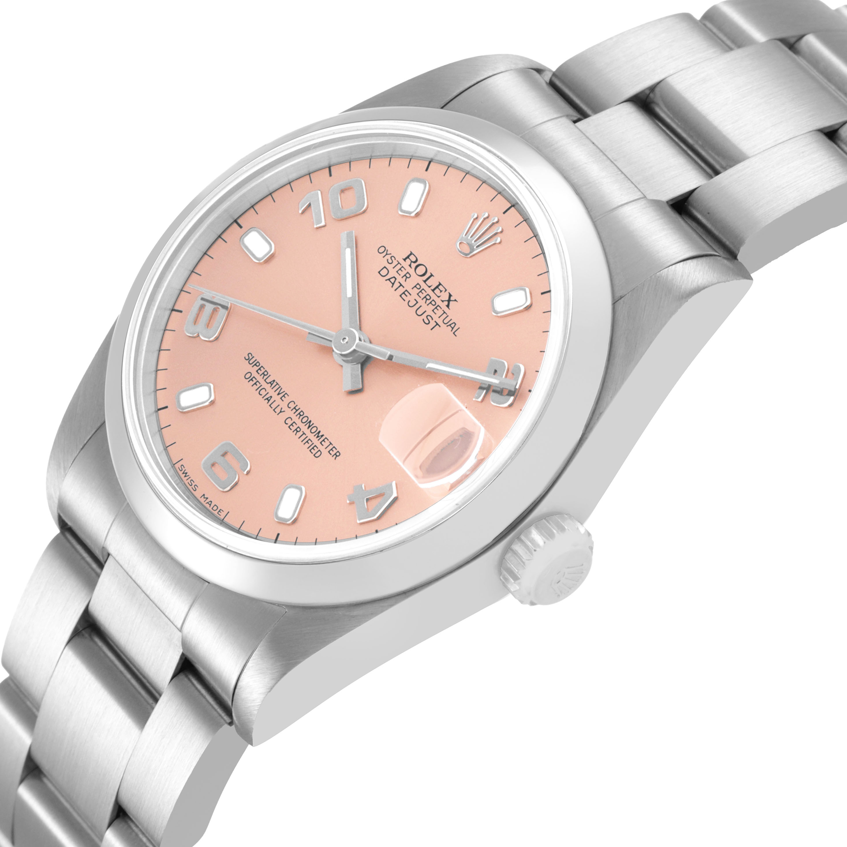 The image shows a Rolex Datejust Mid-Size watch from a three-quarter angle, highlighting the dial, case, bezel, and bracelet.
