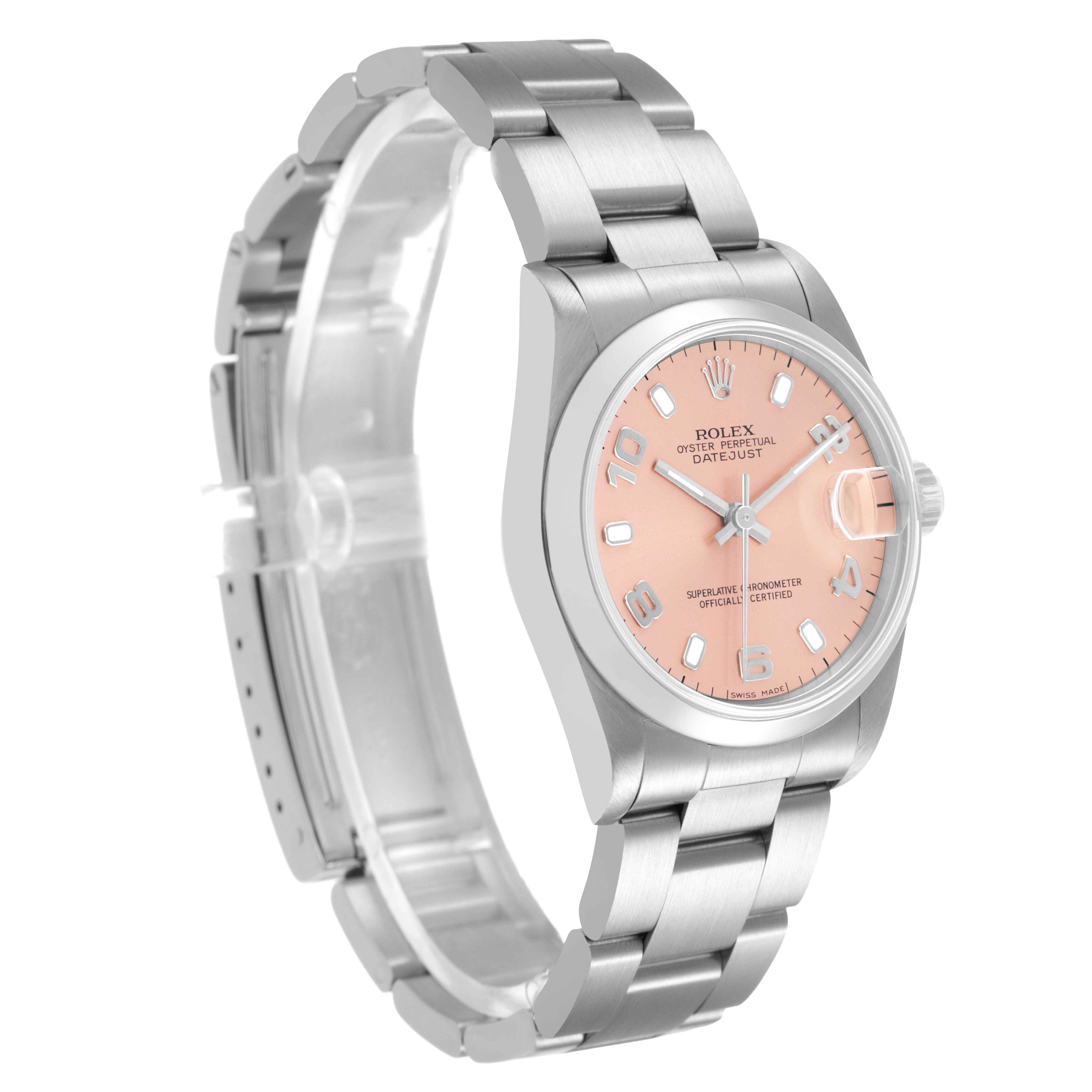 The Rolex Mid-Size 78240 Women's Stainless Steel Pink Dial model is shown at a three-quarter angle, displaying the dial, bracelet, and clasp.