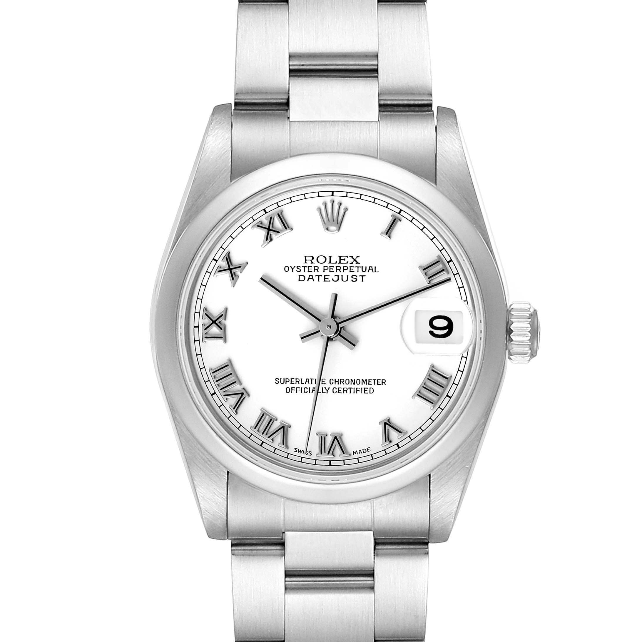 This image shows a front view of a Rolex Mid-Size 78240 Women's Stainless Steel White Dial 78240 Women's Stainless Steel White Dial Oyster Perpetual Datejust watch, displaying its white dial, Roman numerals, and date window.