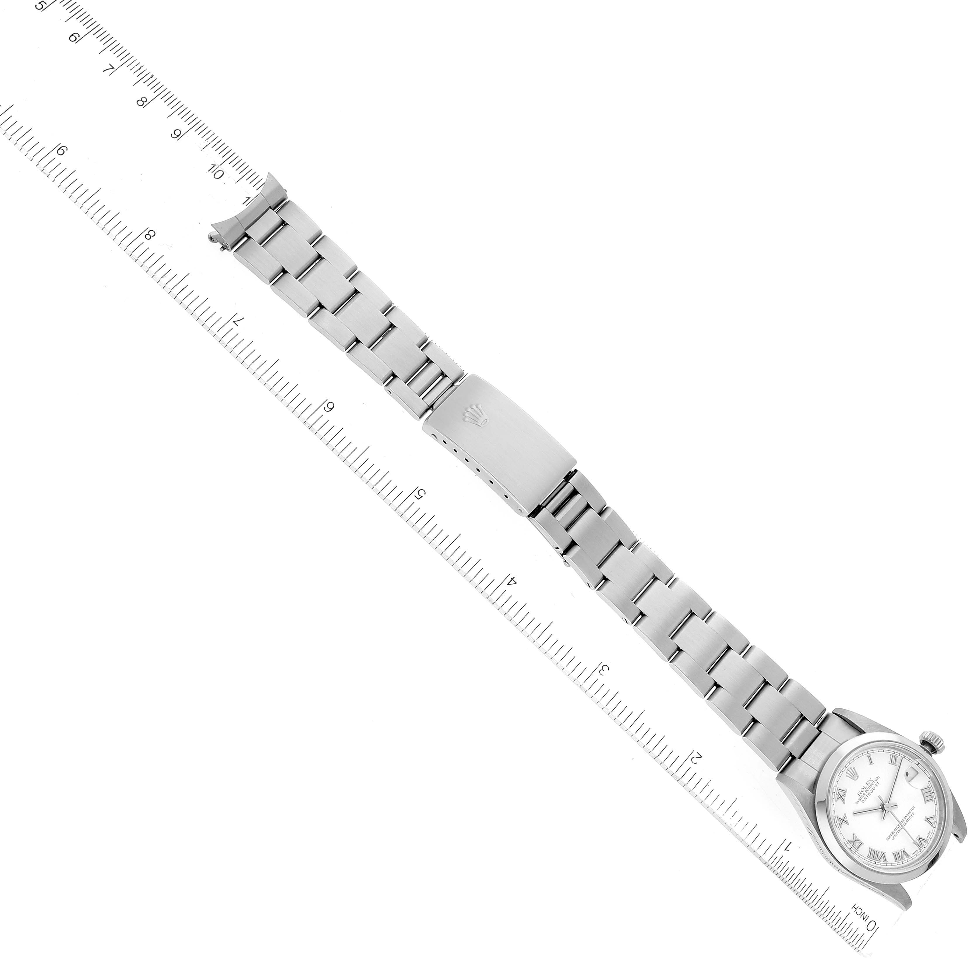 The Rolex Mid-Size 78240 Women's Stainless Steel White Dial 78240 Women's Stainless Steel White Dial watch is shown at an angle highlighting its full-length bracelet, clasp, and face.