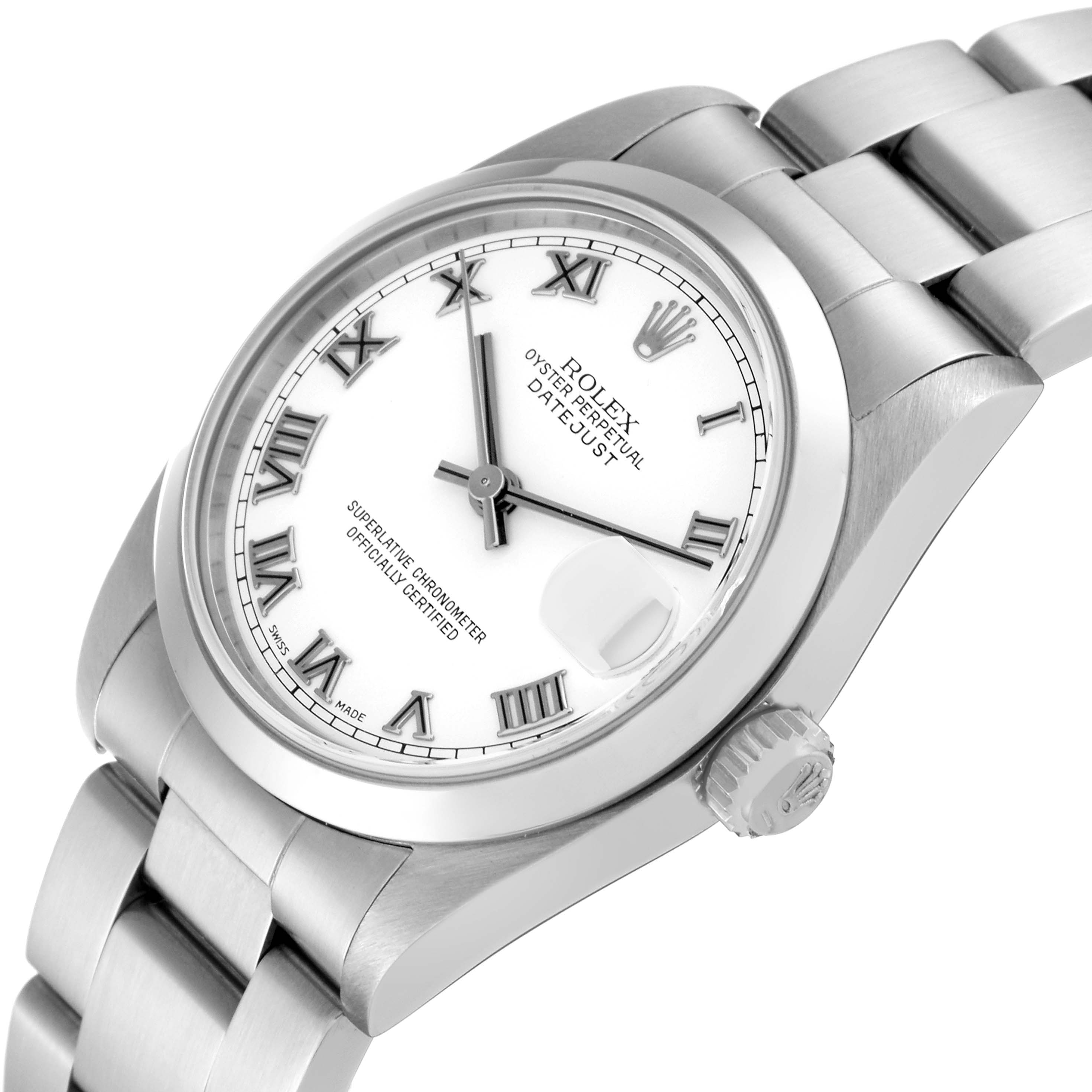 This image shows a Mid-Size Rolex Datejust watch at an angle highlighting the face, bezel, bracelet, and crown.