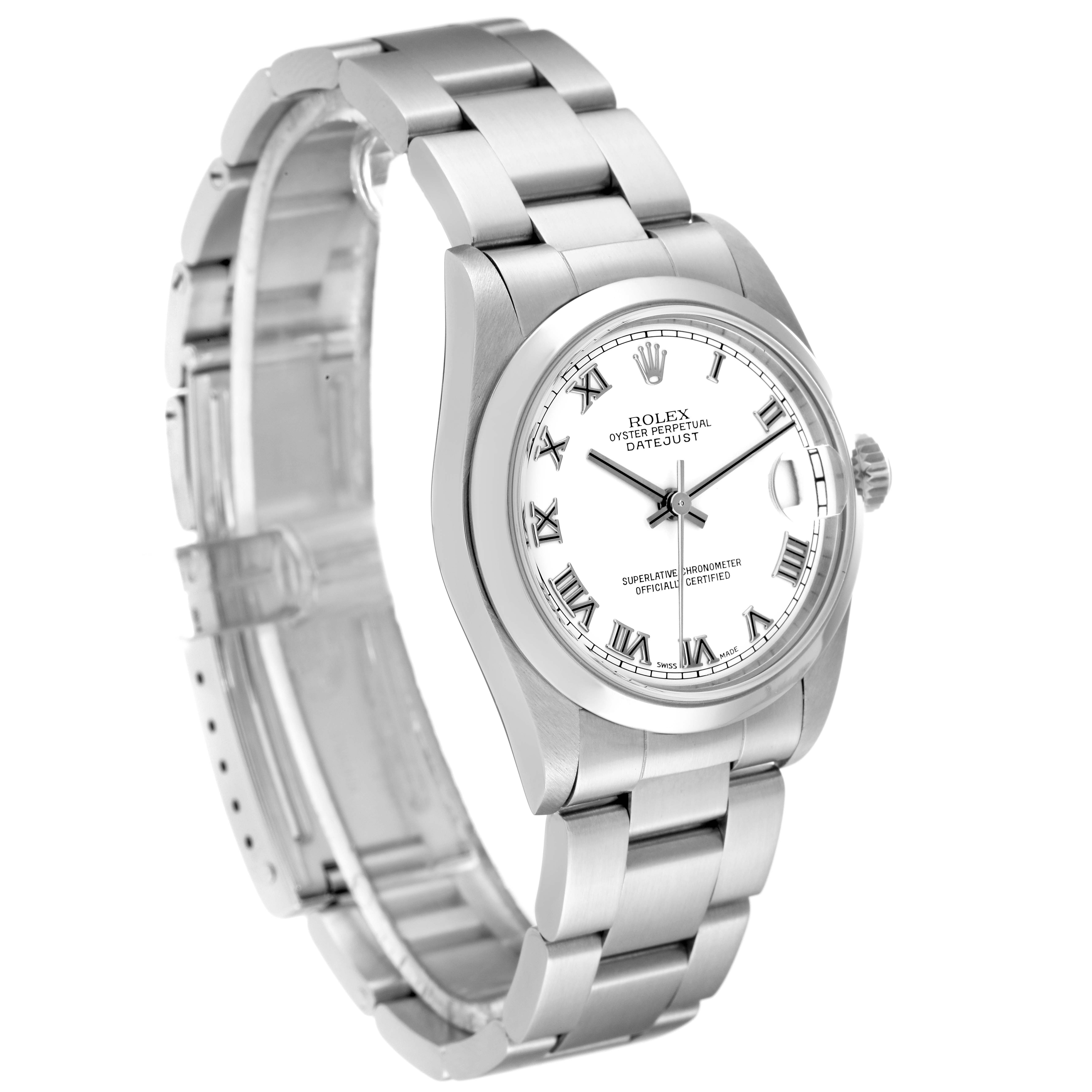The Rolex Mid-Size 78240 Women's Stainless Steel White Dial 78240 Women's Stainless Steel White Dial Oyster Perpetual Datejust watch is shown from a slight side angle, highlighting its bracelet and face.