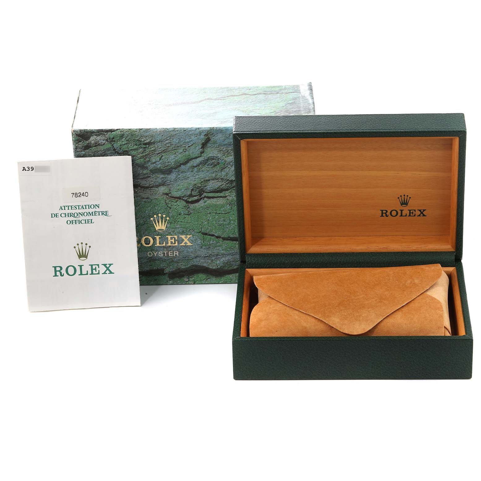 The image shows a Rolex Mid-Size 78240 Women's Stainless Steel White Dial 78240 Women's Stainless Steel White Dial model watch box and accessories, including the official chronometer certification and a green textured outer box.