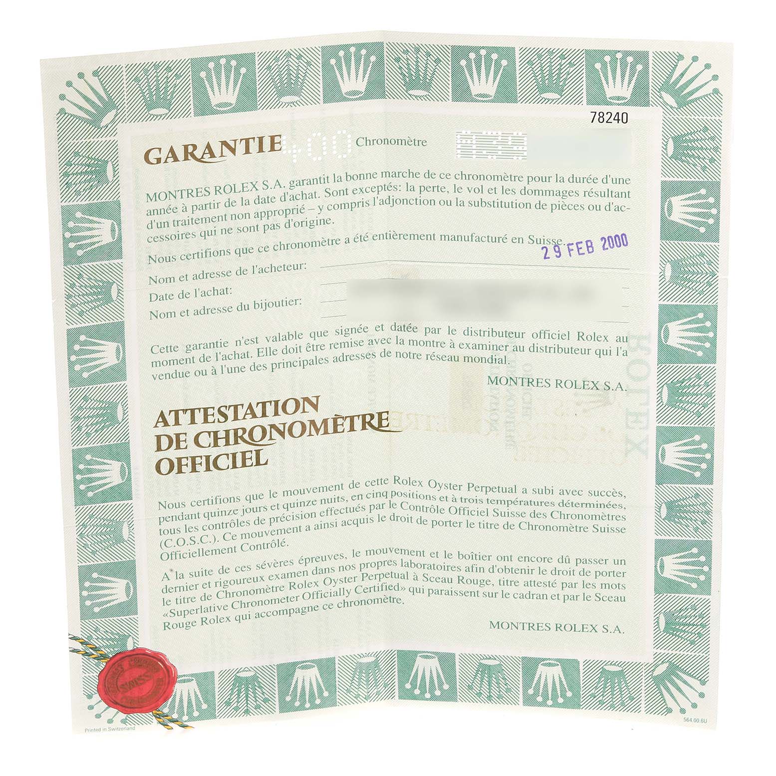 The image shows a Rolex warranty and chronometer certification document for a Mid-Size model watch.