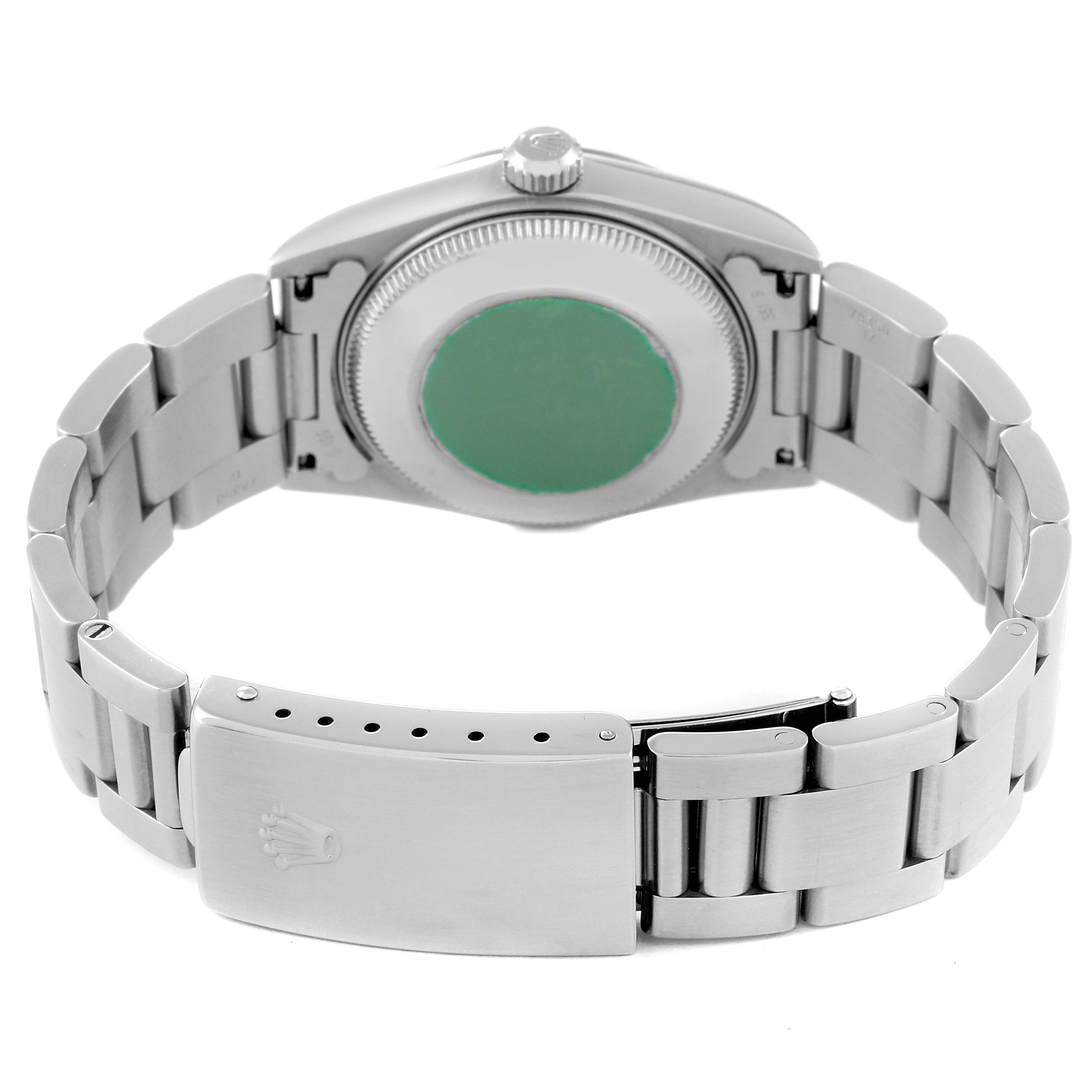 This image shows the back view of a Rolex Mid-Size 78240 Women's Stainless Steel White Dial 78240 Women's Stainless Steel White Dial watch, highlighting the clasp, bracelet, and caseback.