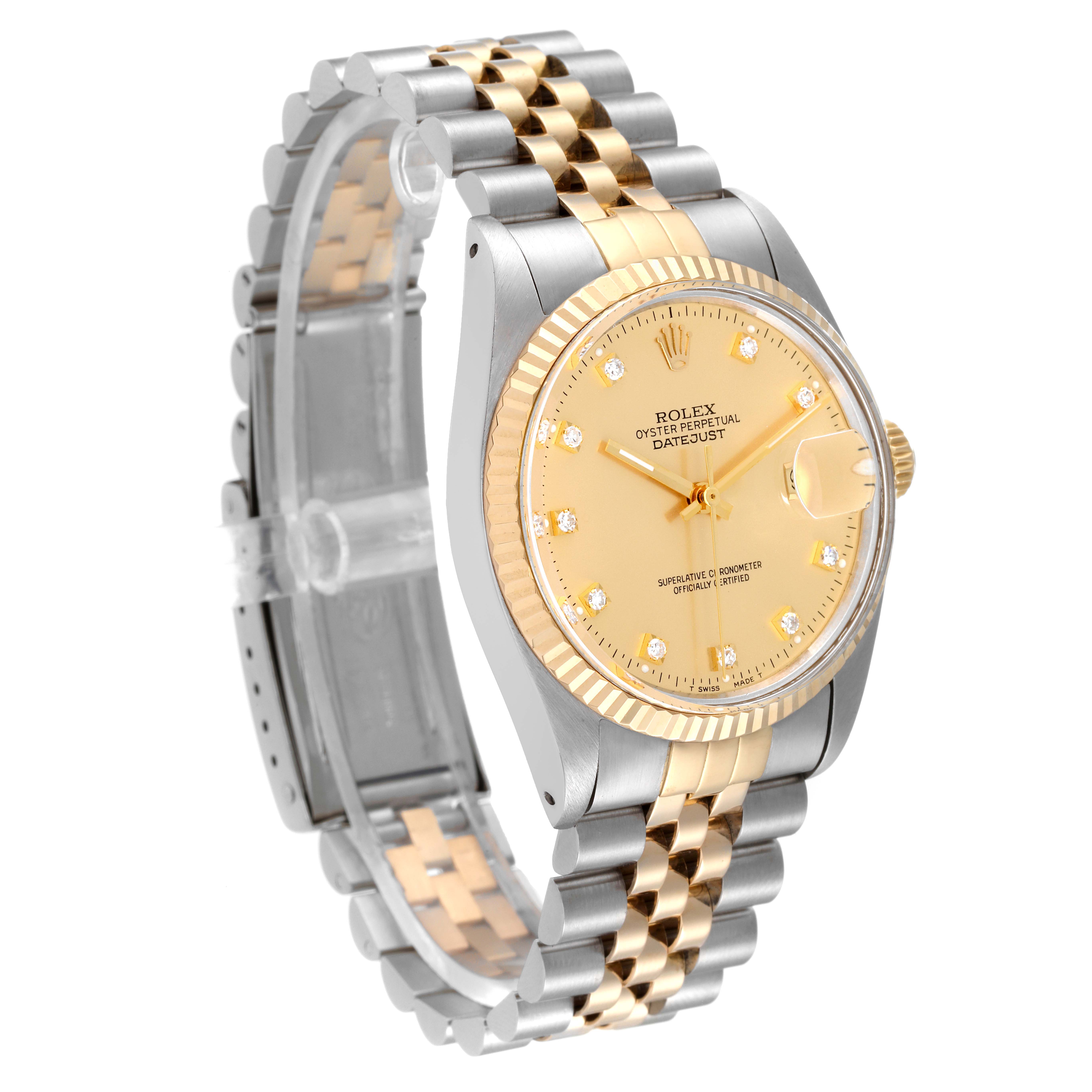 The image shows a side angle of the Rolex Vintage Collection 16013 Men
s Steel and Gold (two tone) Champagne Dial 16013 Men
s Steel and Gold (two tone) Champagne Dial Datejust model with its two-tone bracelet and gold-accented dial.