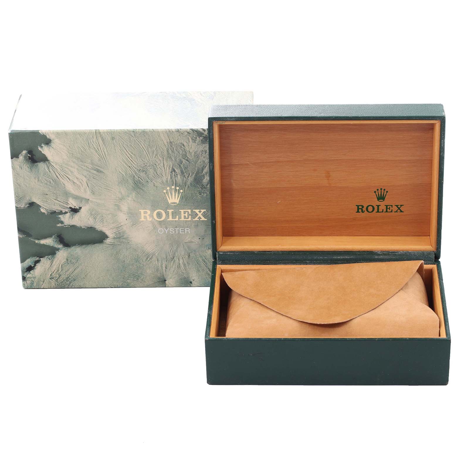 The image shows the packaging of a Rolex Vintage Collection 16013 Men
s Steel and Gold (two tone) Champagne Dial 16013 Men
s Steel and Gold (two tone) Champagne Dial watch, including an outer box and an open wooden inner box with a cushioned cover.