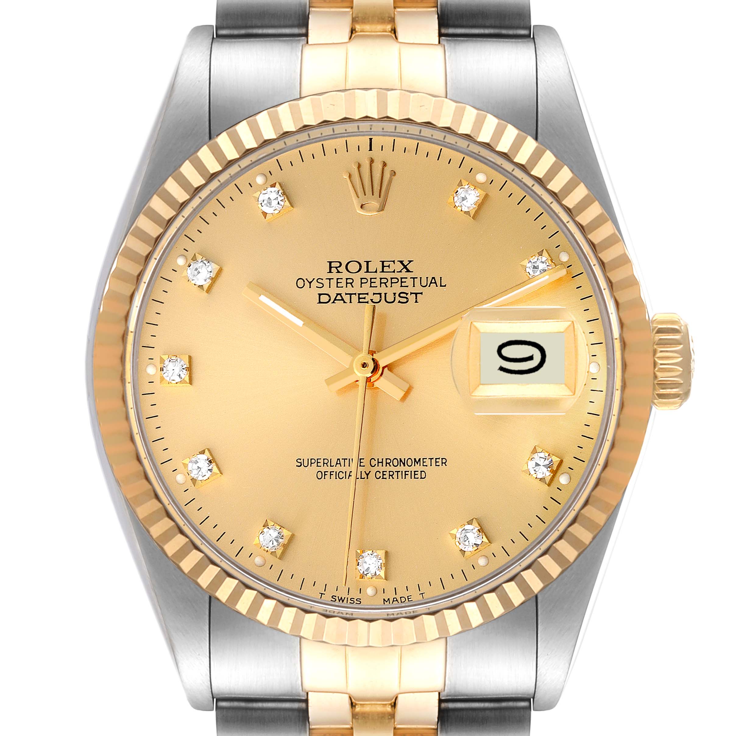 The image shows a frontal view of the Rolex Vintage Collection 16013 Men
s Steel and Gold (two tone) Champagne Dial 16013 Men
s Steel and Gold (two tone) Champagne Dial Datejust watch, highlighting its gold dial, bezel, and mixed-metal bracelet.
