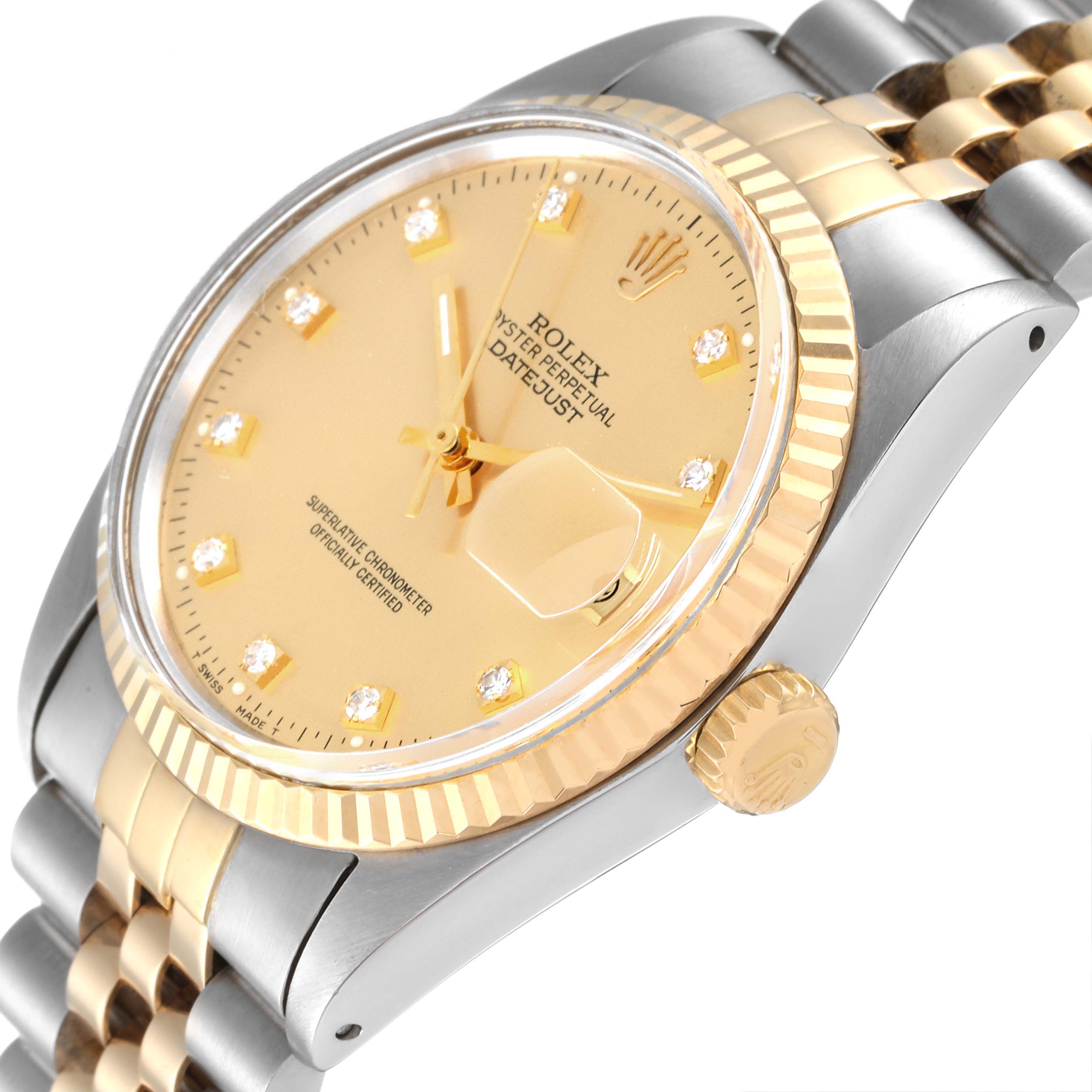 The image shows a close-up side angle of the Rolex Vintage Collection 16013 Men
s Steel and Gold (two tone) Champagne Dial 16013 Men
s Steel and Gold (two tone) Champagne Dial Datejust watch, highlighting the dial, crown, and bracelet.