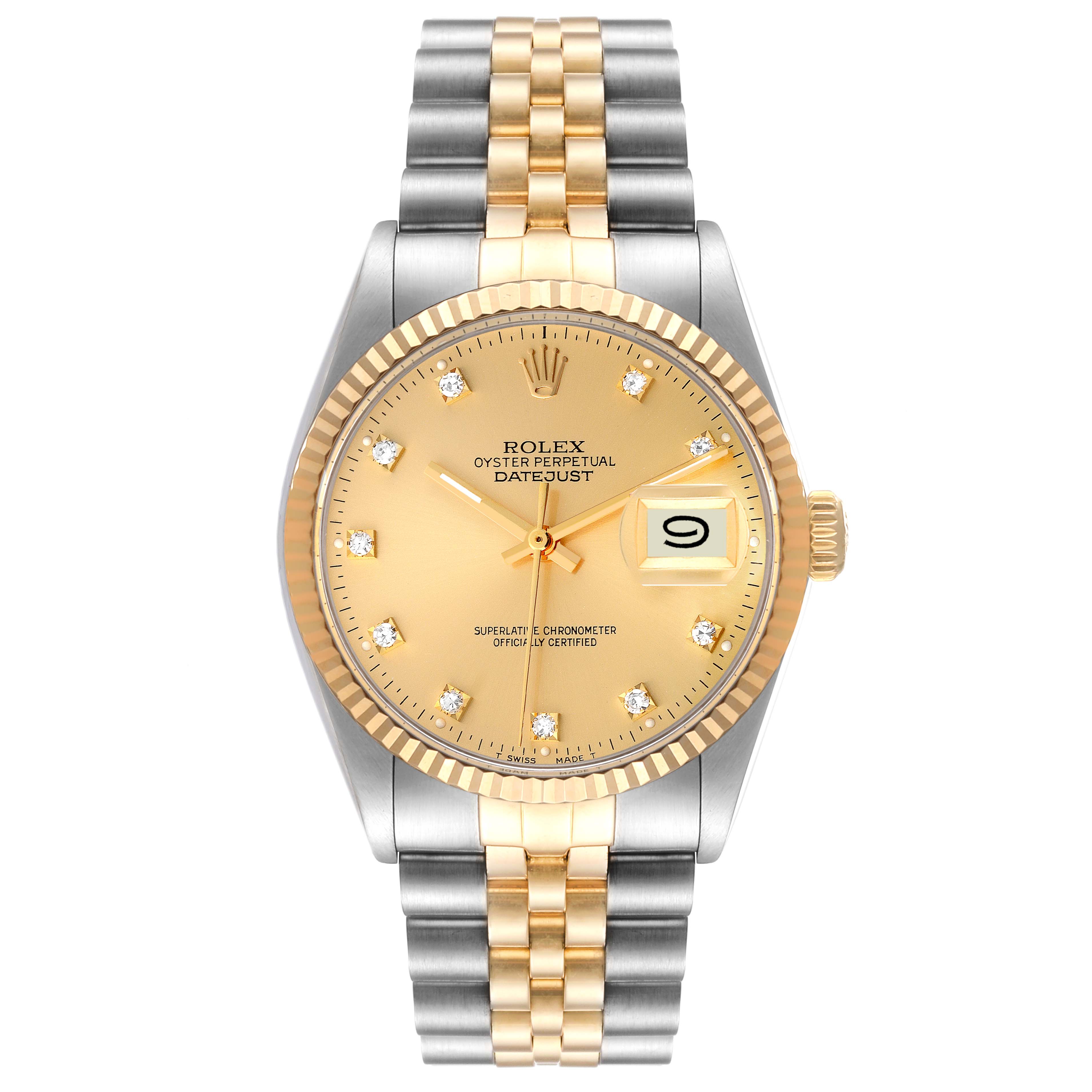 The image shows a Rolex Vintage Collection 16013 Men
s Steel and Gold (two tone) Champagne Dial 16013 Men
s Steel and Gold (two tone) Champagne Dial Datejust watch from a straight-on angle, highlighting the dial, date window, and two-tone bracelet.