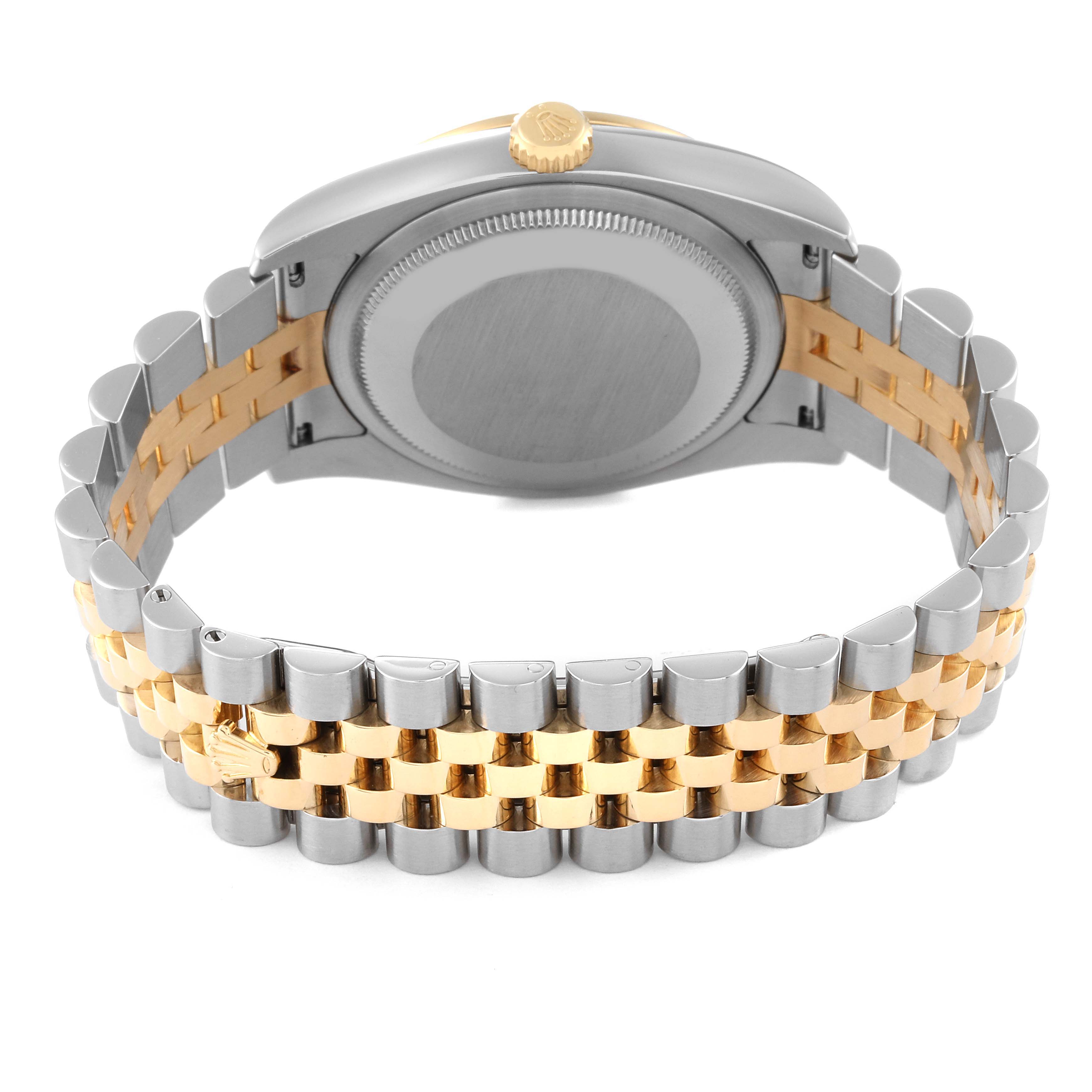 This image shows the back and bracelet of a Rolex Datejust 116243 Men's Stainless Steel Silver Dial 116243 Men's Stainless Steel Silver Dial watch, highlighting its two-tone metallic finish.