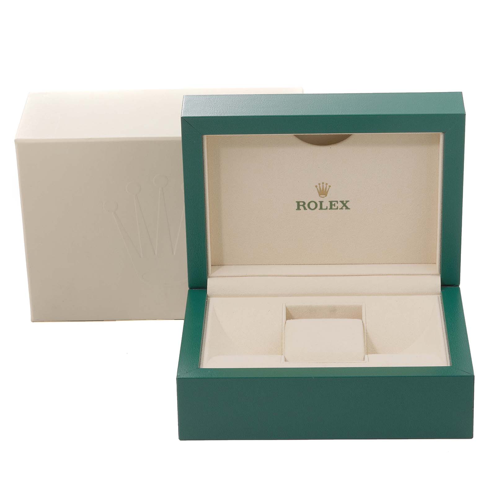 This image shows an open Rolex Datejust 116243 Men's Stainless Steel Silver Dial 116243 Men's Stainless Steel Silver Dial watch box and its outer case from a frontal angle.