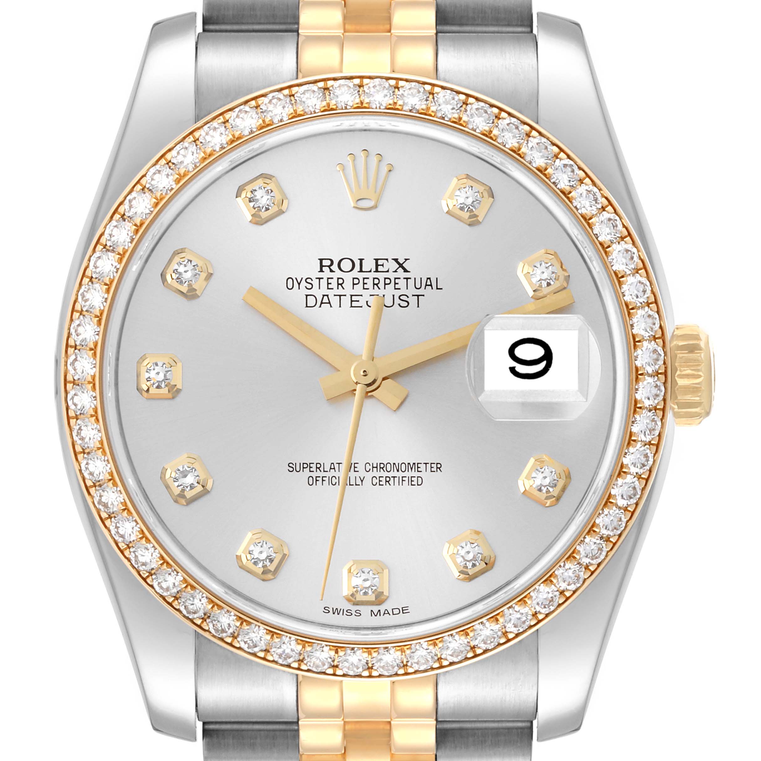 The image shows a front view of the Rolex Datejust 116243 Men's Stainless Steel Silver Dial 116243 Men's Stainless Steel Silver Dial watch, highlighting the diamond bezel, dial, and two-tone bracelet.