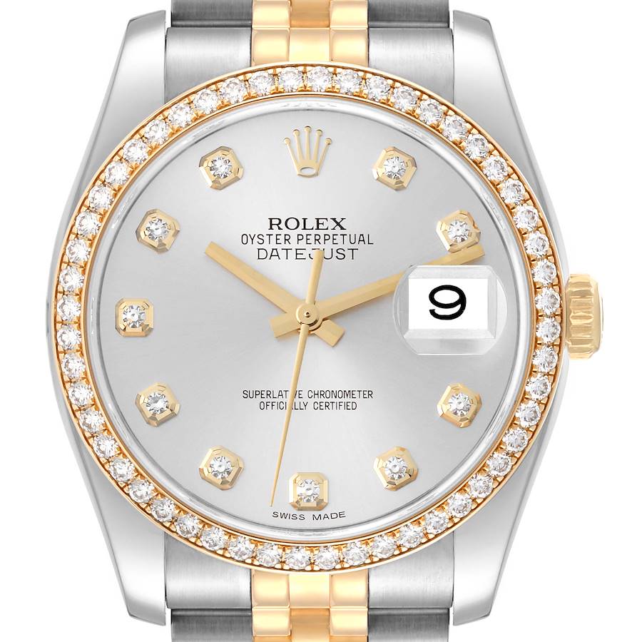 Rolex Datejust 36 Steel Yellow Gold Silver Dial Diamond Bezel Mens
