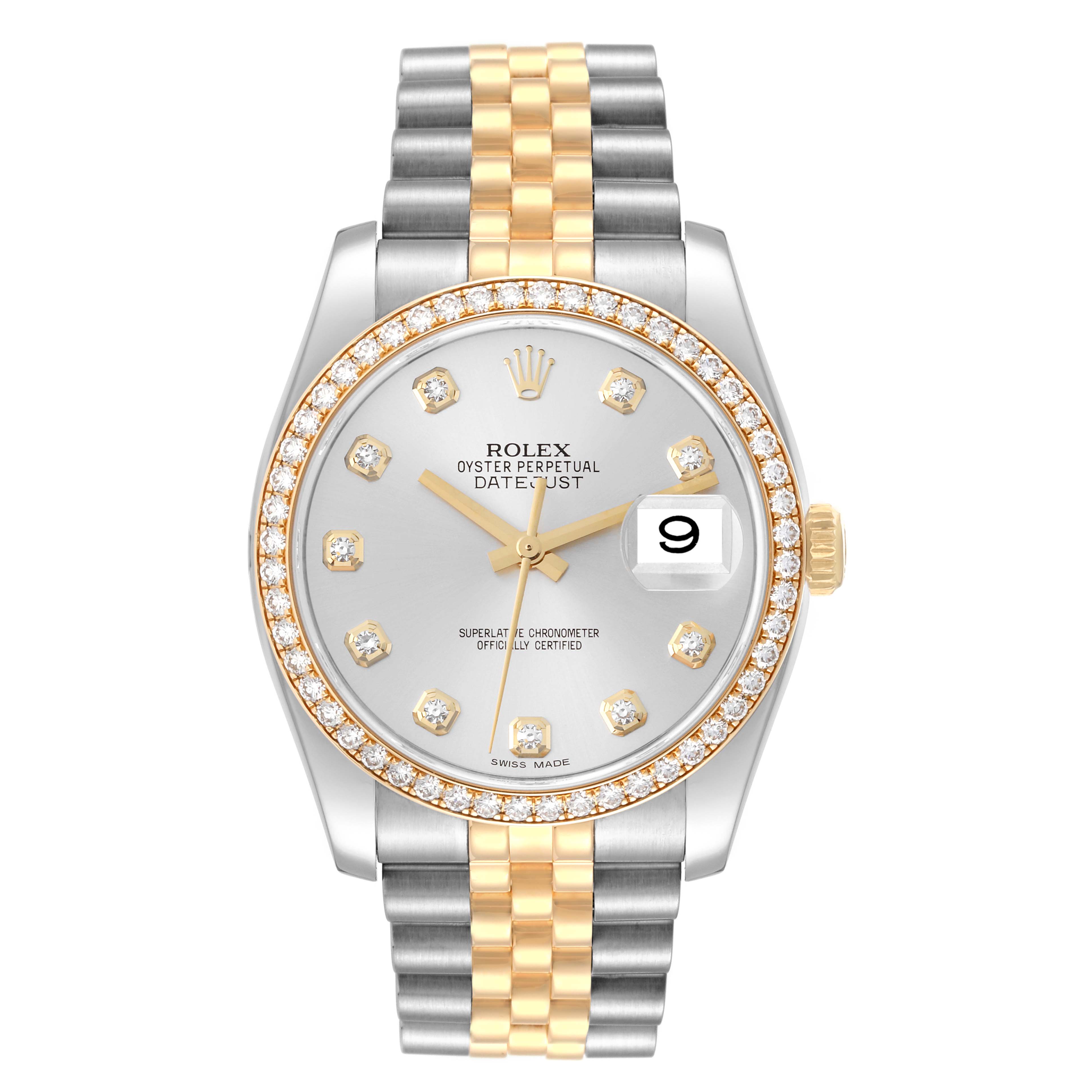 The image shows a front view of a Rolex Datejust 116243 Men's Stainless Steel Silver Dial 116243 Men's Stainless Steel Silver Dial watch, featuring a two-tone bracelet and a diamond-encrusted bezel.