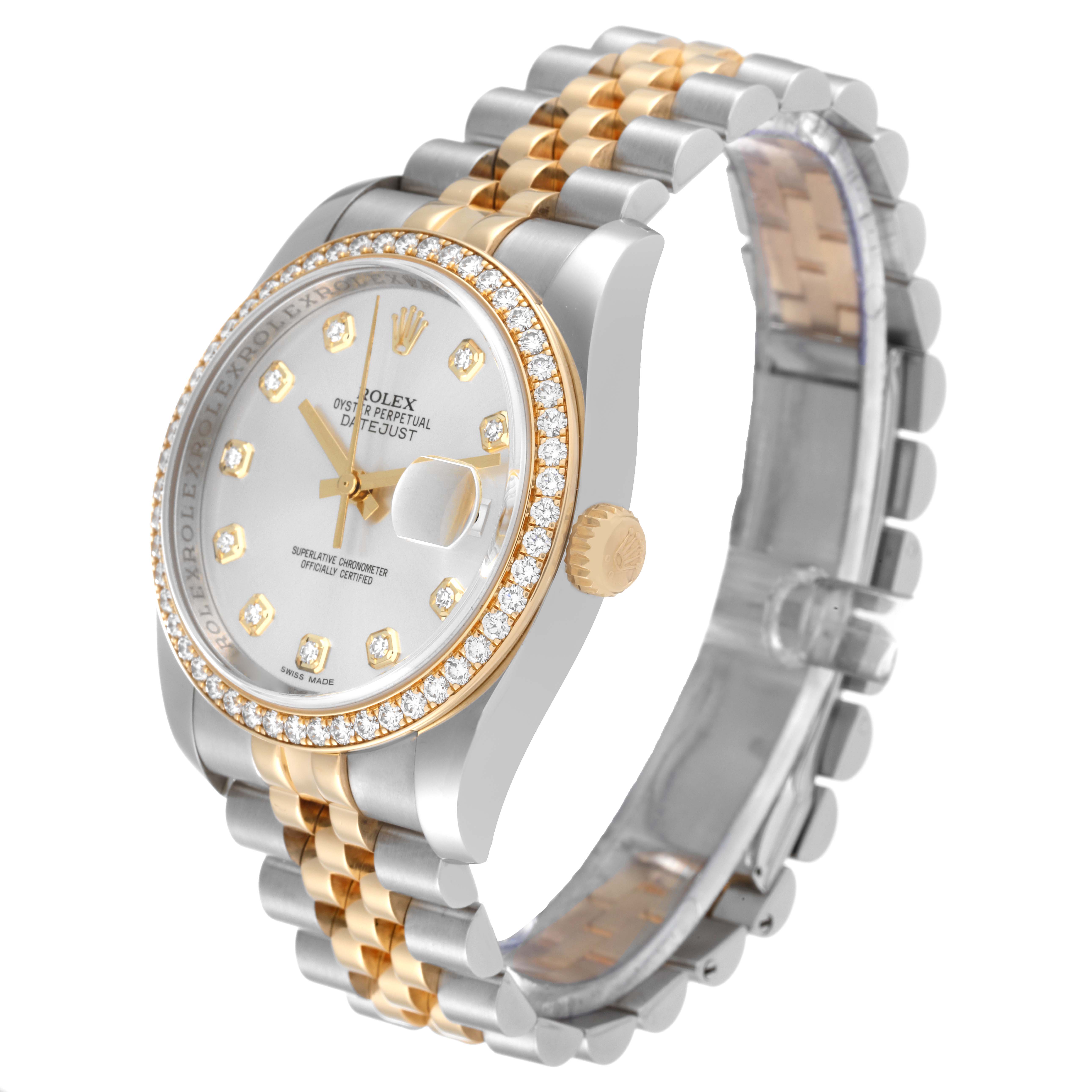 The image shows an angled side view of a Rolex Datejust 116243 Men's Stainless Steel Silver Dial 116243 Men's Stainless Steel Silver Dial watch, highlighting its face, bezel, crown, and two-tone bracelet.