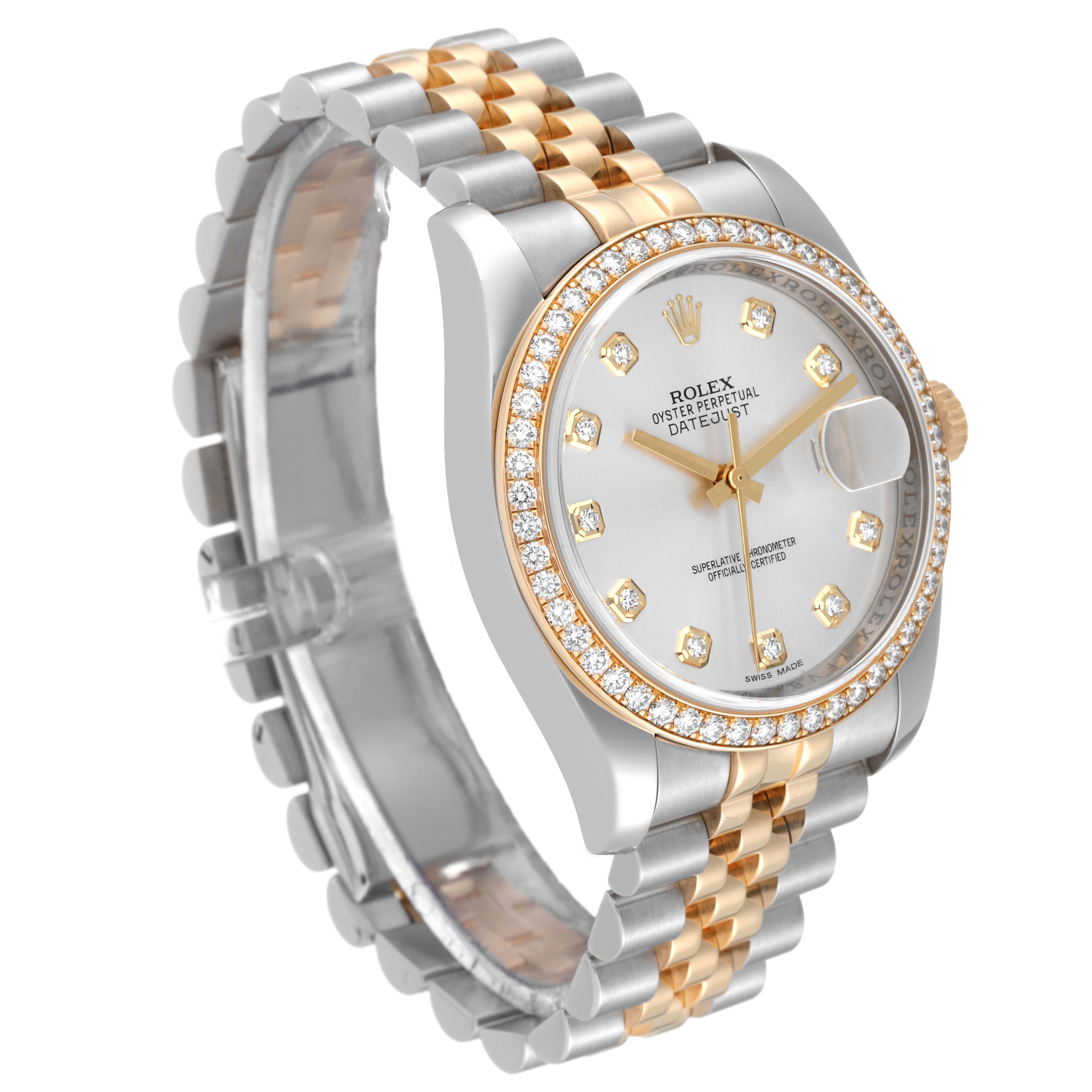 The image shows a Rolex Datejust 116243 Men's Stainless Steel Silver Dial 116243 Men's Stainless Steel Silver Dial watch at an angled view, highlighting its two-tone bracelet and diamond-set bezel and dial.