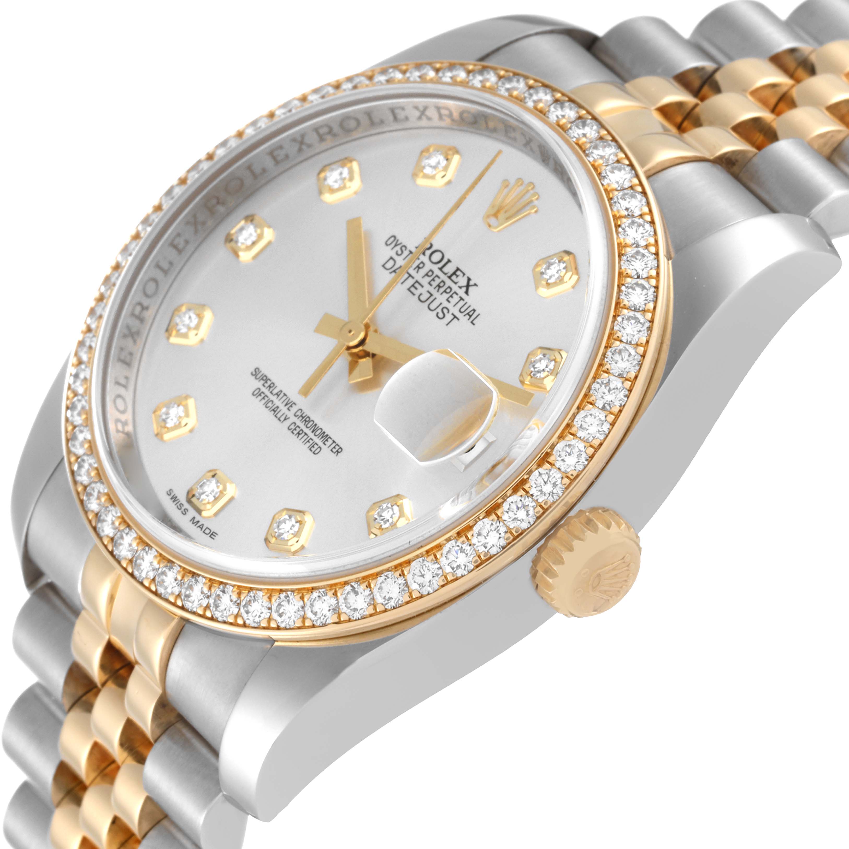 The image shows a close-up, angled view of the Rolex Datejust 116243 Men's Stainless Steel Silver Dial 116243 Men's Stainless Steel Silver Dial watch, highlighting its diamond bezel, dial, and crown.