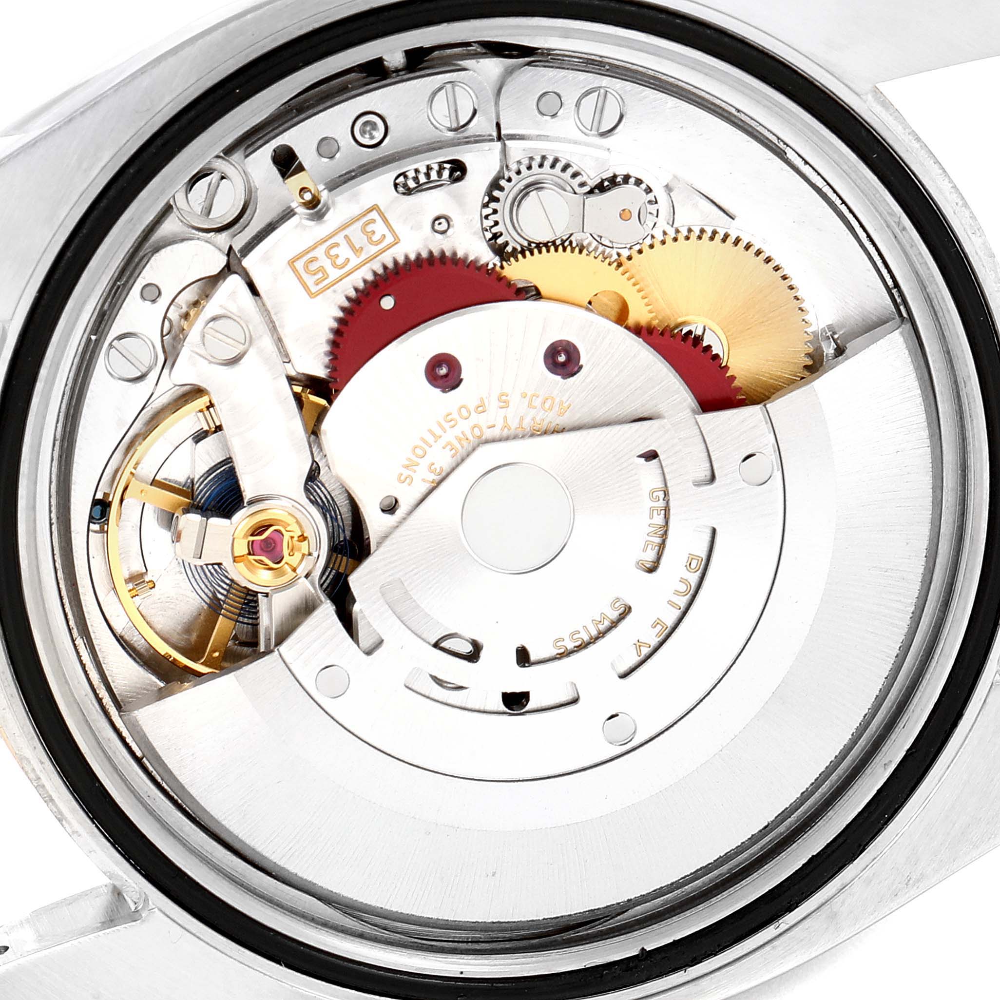 This image shows the internal mechanical movement of a Rolex Datejust 116231 Men's Steel and Gold (two tone) Pink Dial 116231 Men's Steel and Gold (two tone) Pink Dial watch from a top-down angle.