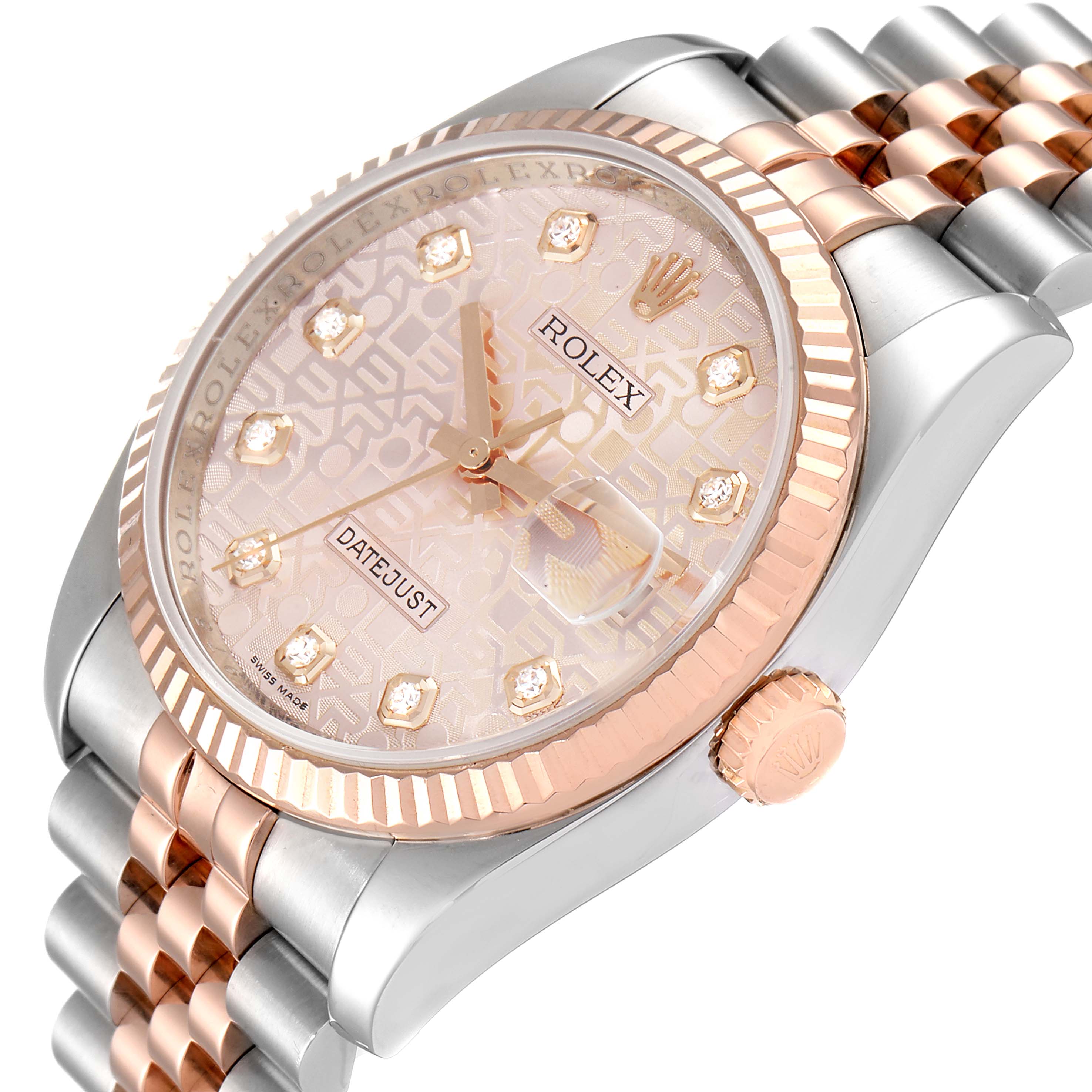 This Rolex Datejust 116231 Men's Steel and Gold (two tone) Pink Dial 116231 Men's Steel and Gold (two tone) Pink Dial watch is shown from a top-front angle, highlighting the dial, crown, and part of the bracelet.