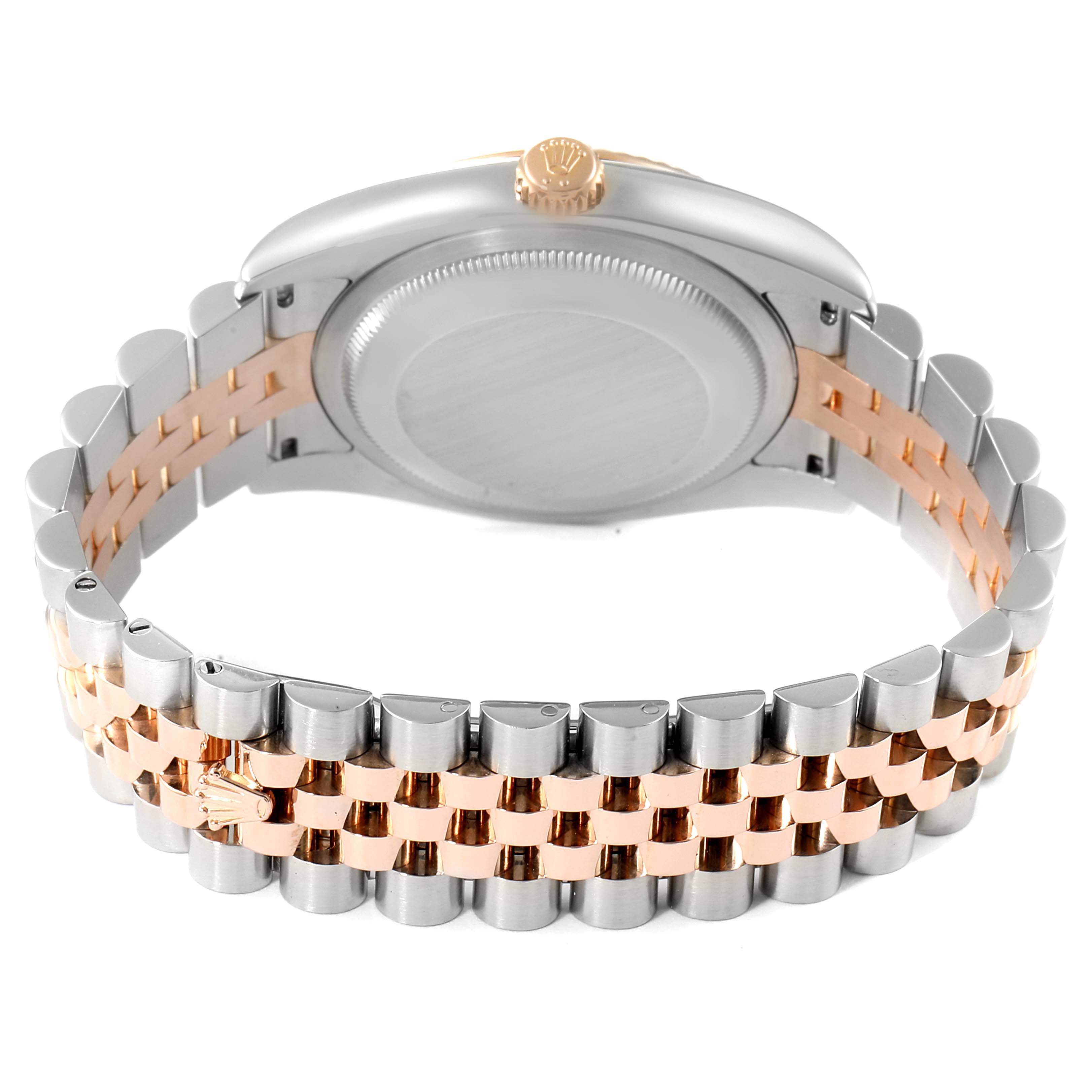 The image shows the back case, crown, and two-tone bracelet of the Rolex Datejust 116231 Men's Steel and Gold (two tone) Pink Dial 116231 Men's Steel and Gold (two tone) Pink Dial model from a rear angle.
