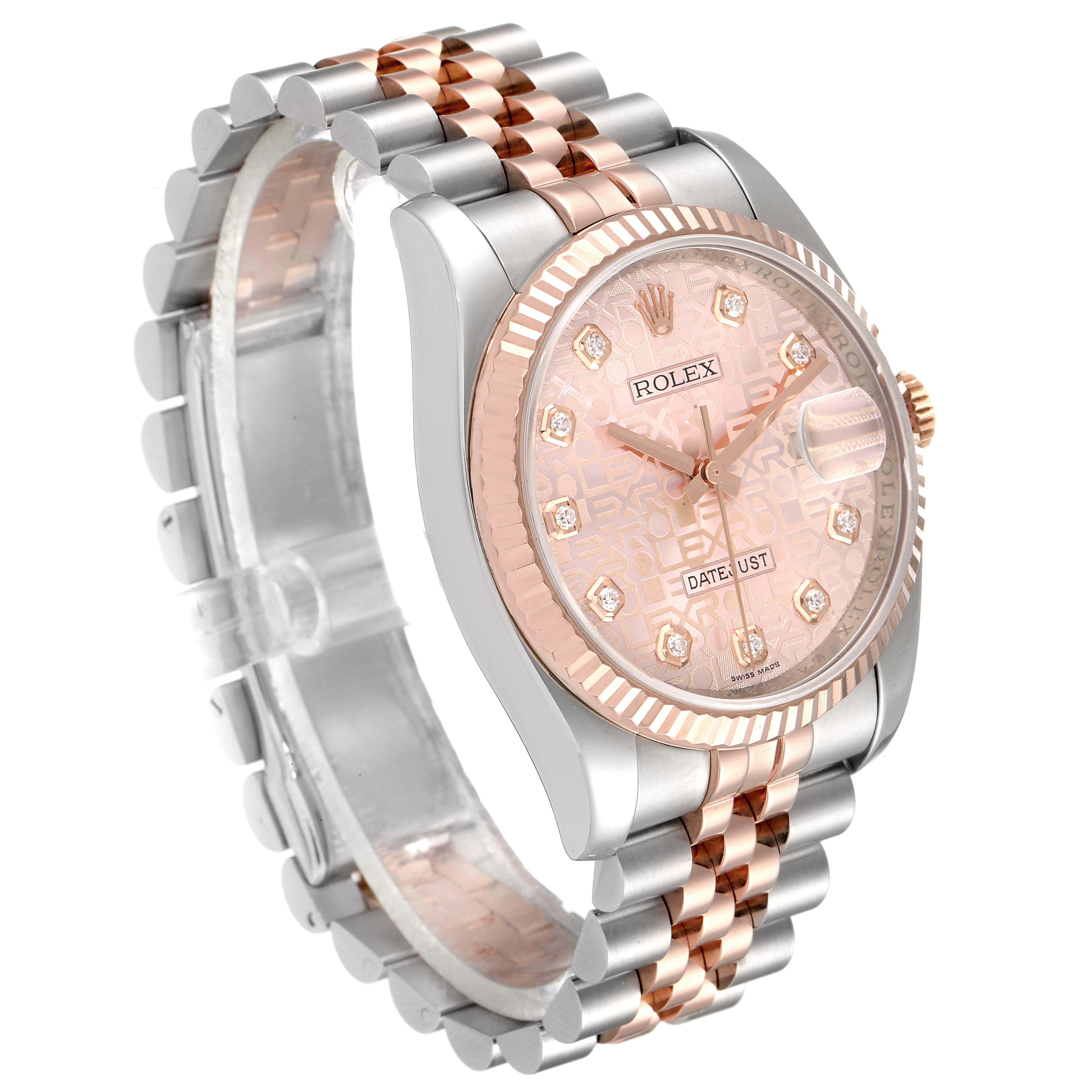 The image shows a Rolex Datejust 116231 Men's Steel and Gold (two tone) Pink Dial 116231 Men's Steel and Gold (two tone) Pink Dial watch at a slight angle, highlighting its dial, fluted bezel, and two-tone jubilee bracelet.