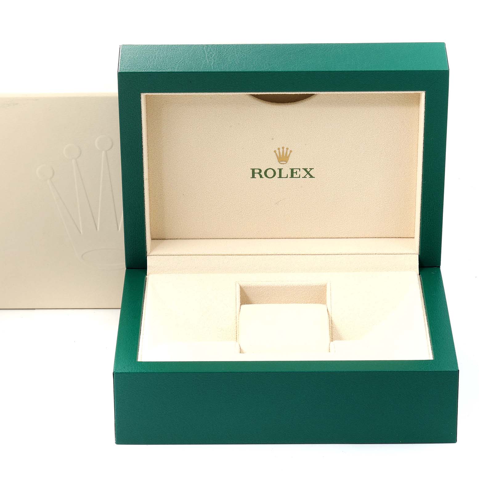 The image shows an open Rolex Datejust 116231 Men's Steel and Gold (two tone) Pink Dial 116231 Men's Steel and Gold (two tone) Pink Dial watch box with green exterior and cream interior, featuring the Rolex logo inside.