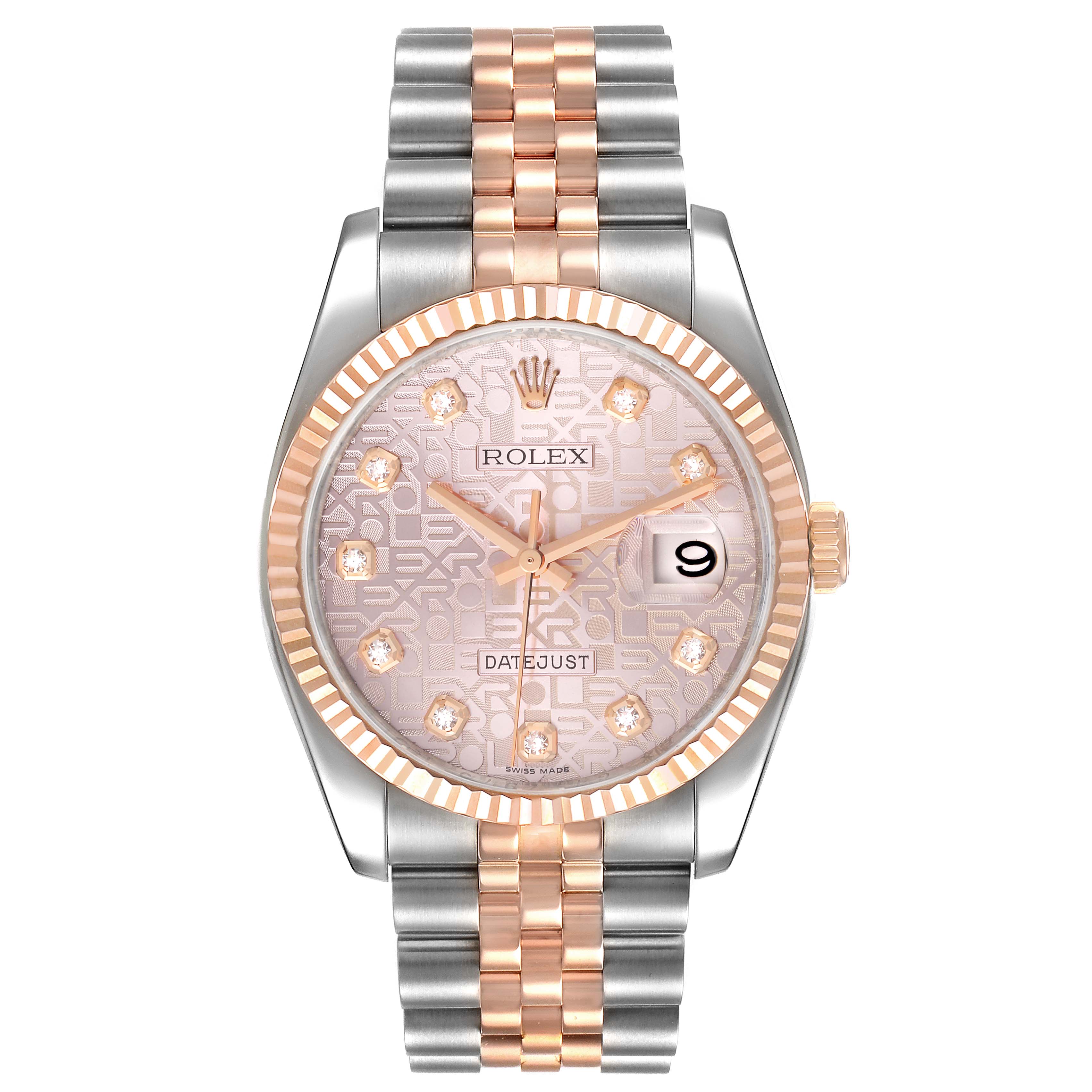 This image shows a front view of a Rolex Datejust 116231 Men's Steel and Gold (two tone) Pink Dial 116231 Men's Steel and Gold (two tone) Pink Dial watch with a pink patterned dial, diamond hour markers, and a two-tone bracelet.