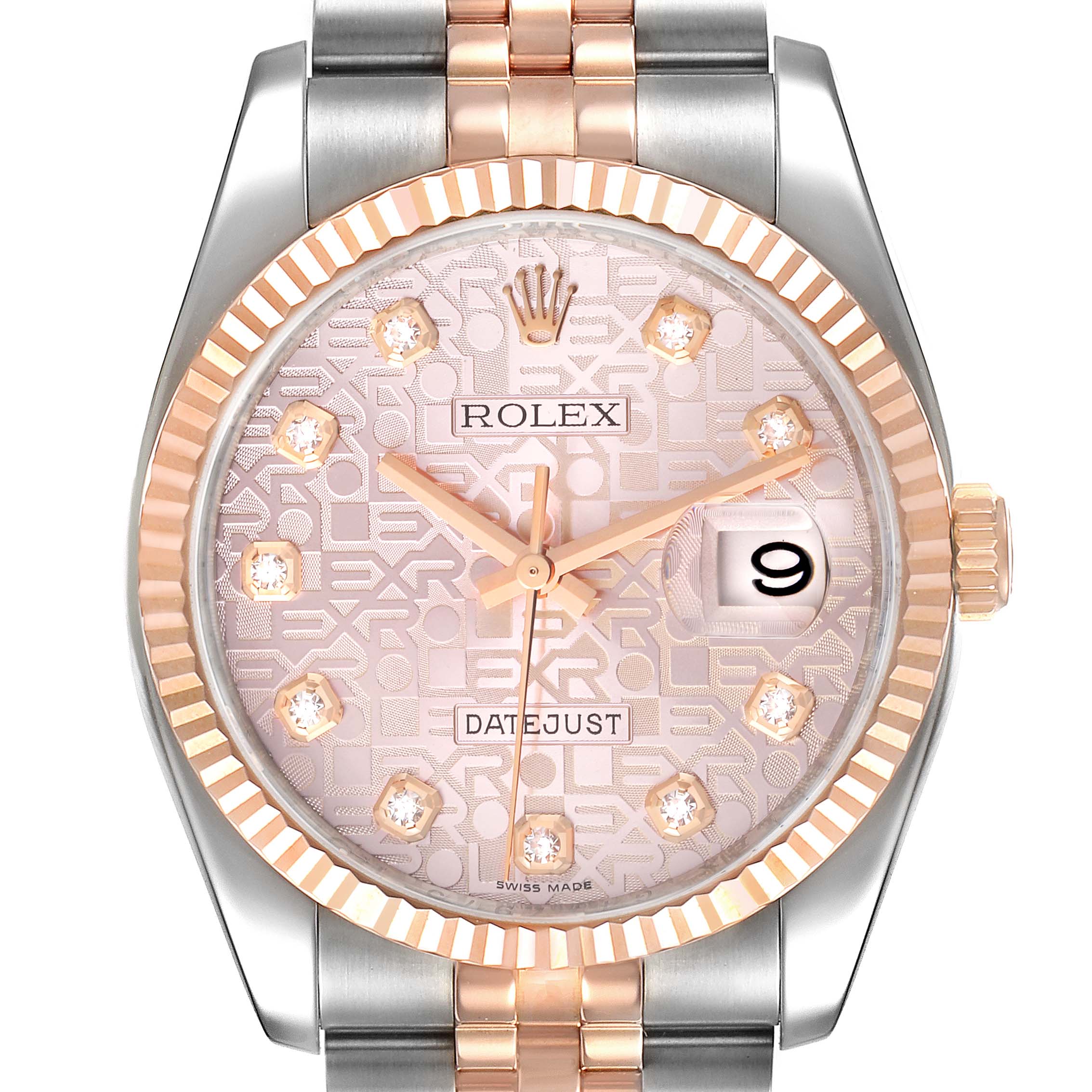 This image shows a front-angle view of a Rolex Datejust 116231 Men's Steel and Gold (two tone) Pink Dial 116231 Men's Steel and Gold (two tone) Pink Dial watch, highlighting its dial, bezel, and part of the bracelet.