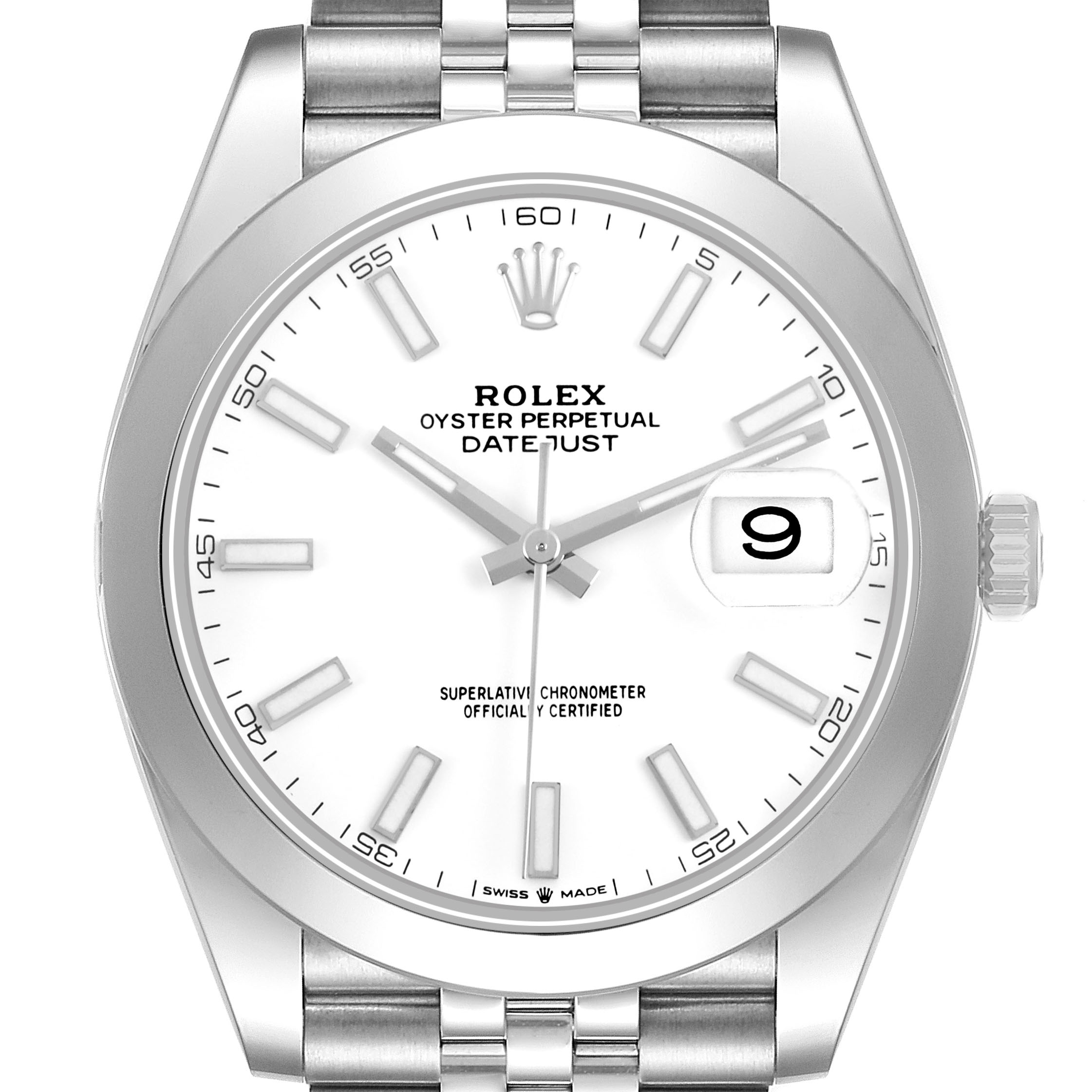 The Rolex Datejust 41 126300 Men's Stainless Steel White Dial watch is shown from the front, capturing the dial, bezel, crown, and part of the bracelet.