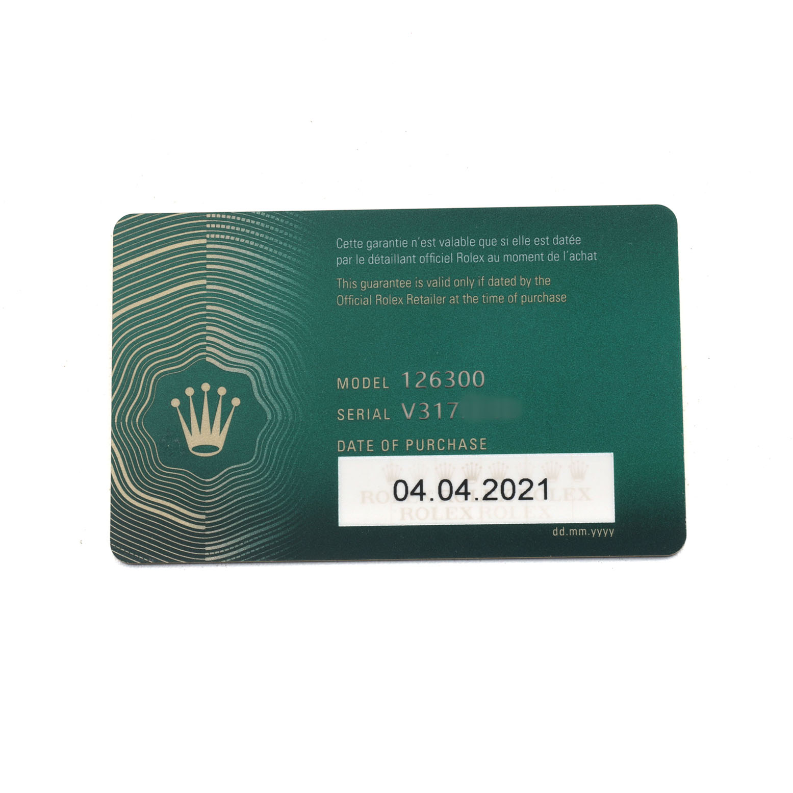 The image shows a warranty card for a Rolex Datejust 41 126300 Men's Stainless Steel White Dial model, featuring serial and purchase details.
