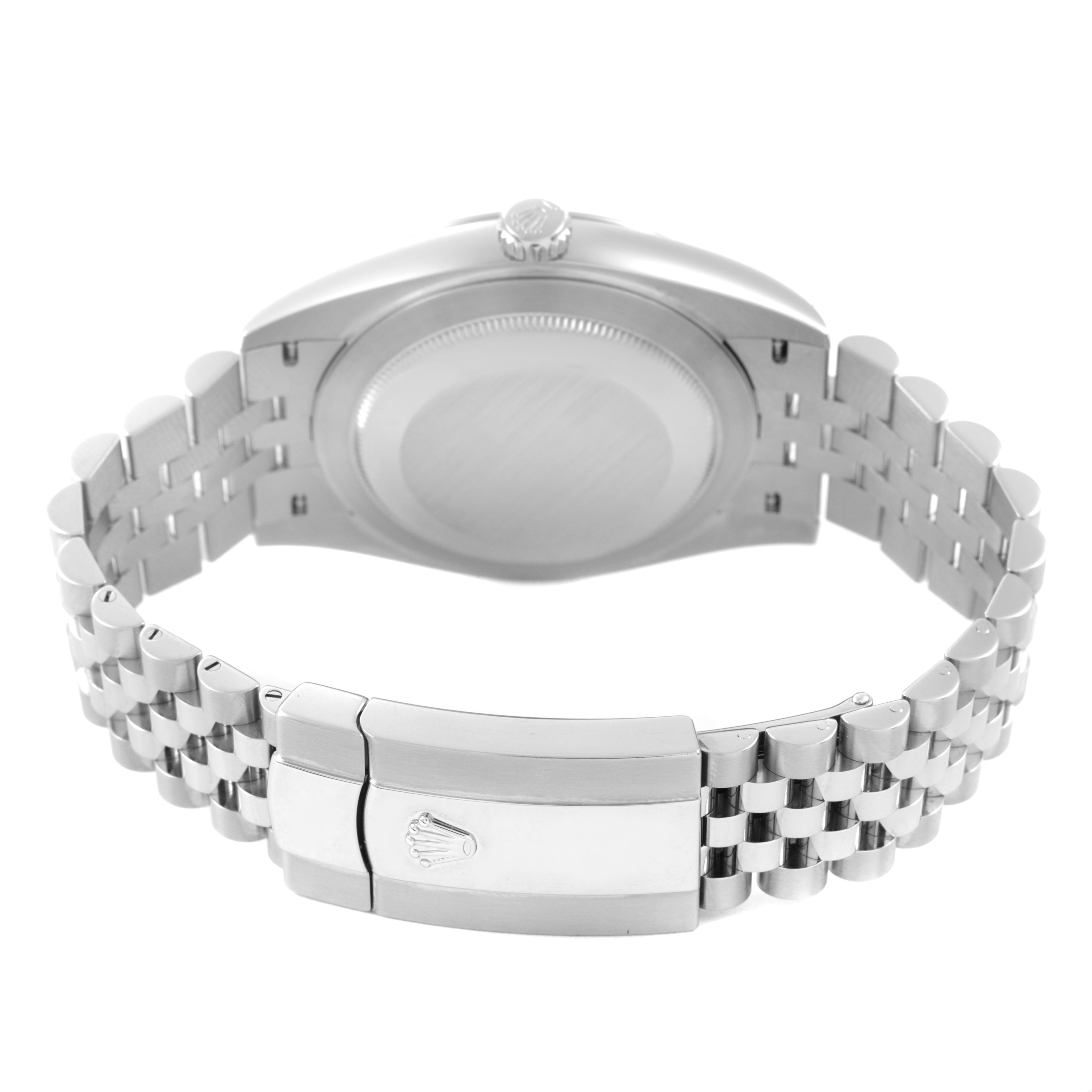 The image shows the back view of a Rolex Datejust 41 126300 Men's Stainless Steel White Dial, highlighting the case back and Jubilee bracelet with clasp.