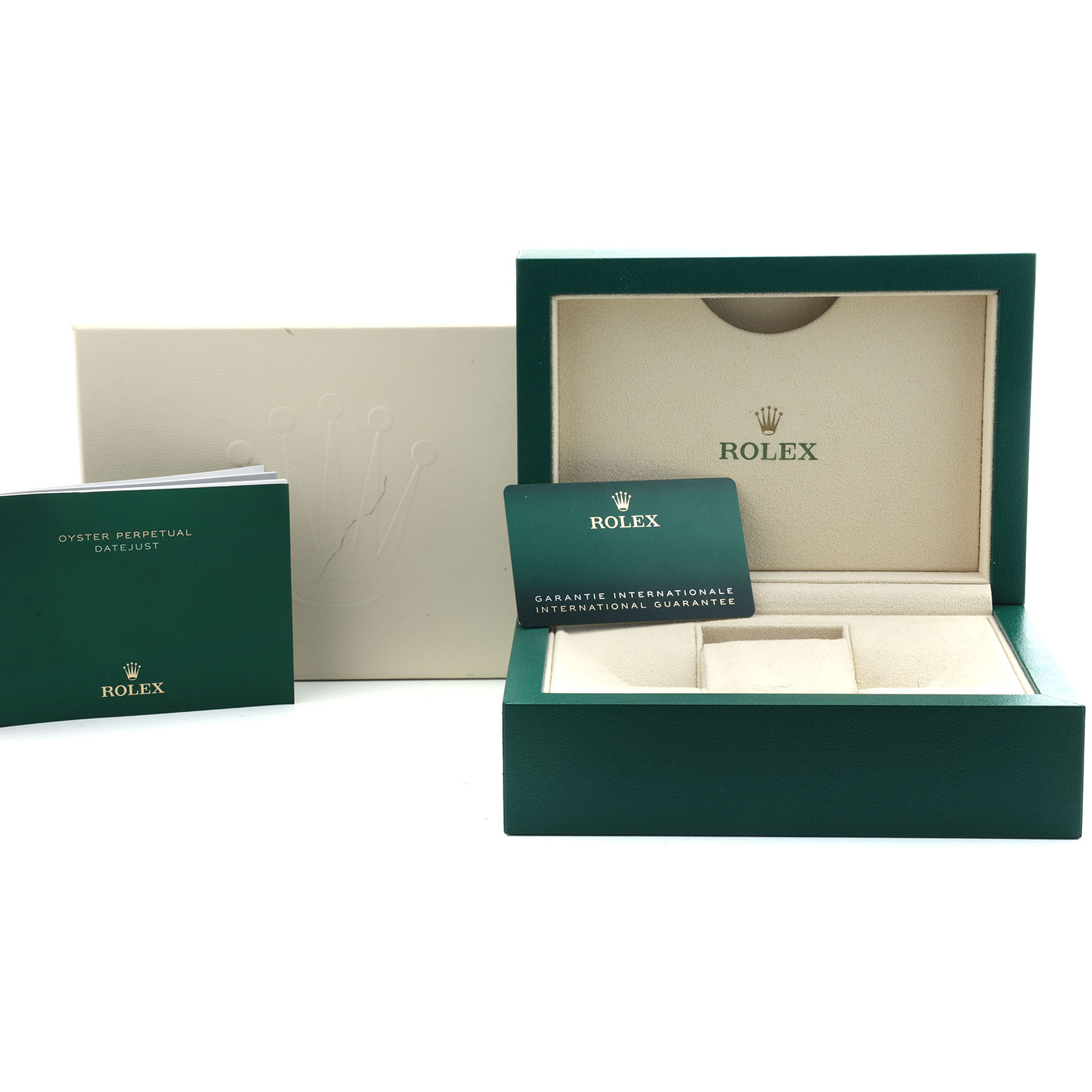 The image shows the packaging and accessories of a Rolex Datejust 41 126300 Men's Stainless Steel White Dial, including the box, warranty card, and booklet.
