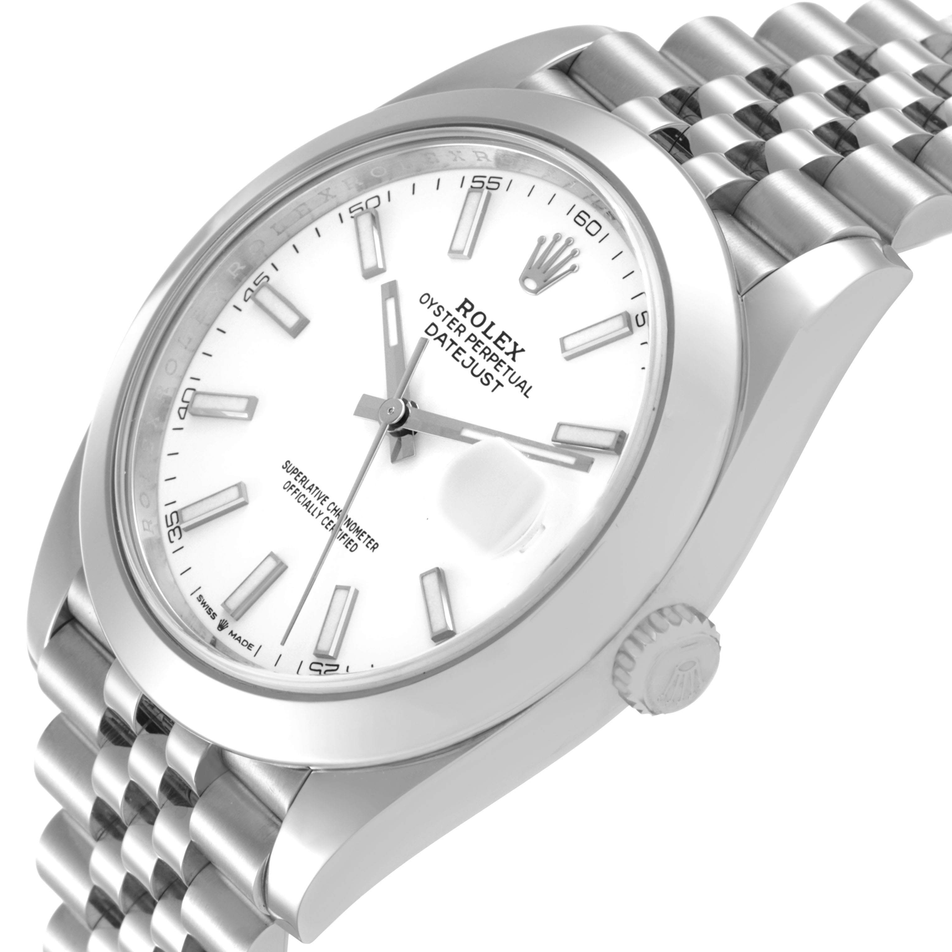 The Rolex Datejust 41 126300 Men's Stainless Steel White Dial is shown at a slight angle from the side, highlighting the face, bezel, crown, and part of the bracelet.
