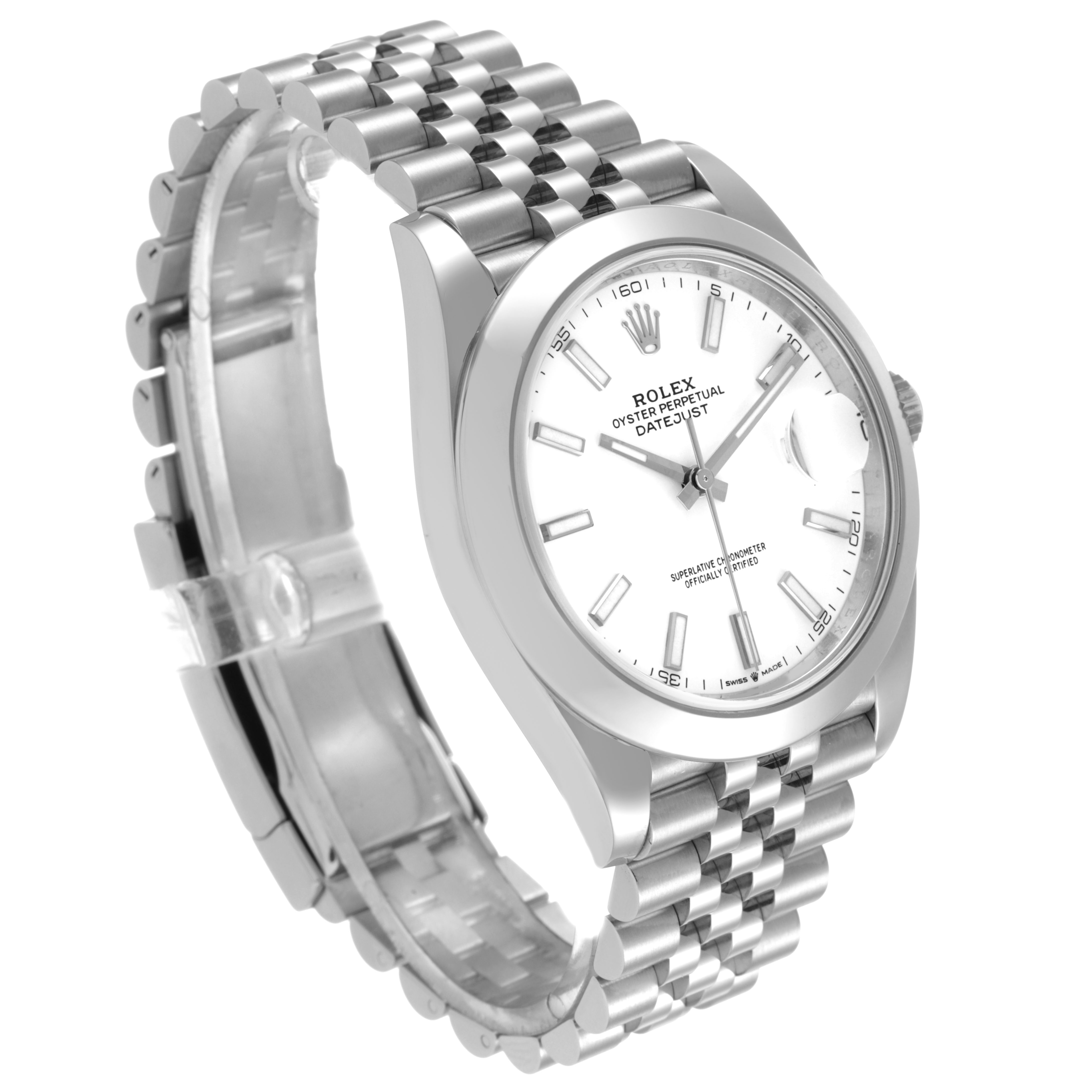 The Rolex Datejust 41 126300 Men's Stainless Steel White Dial is shown at a three-quarter angle, highlighting the dial, bezel, bracelet, and side profile.