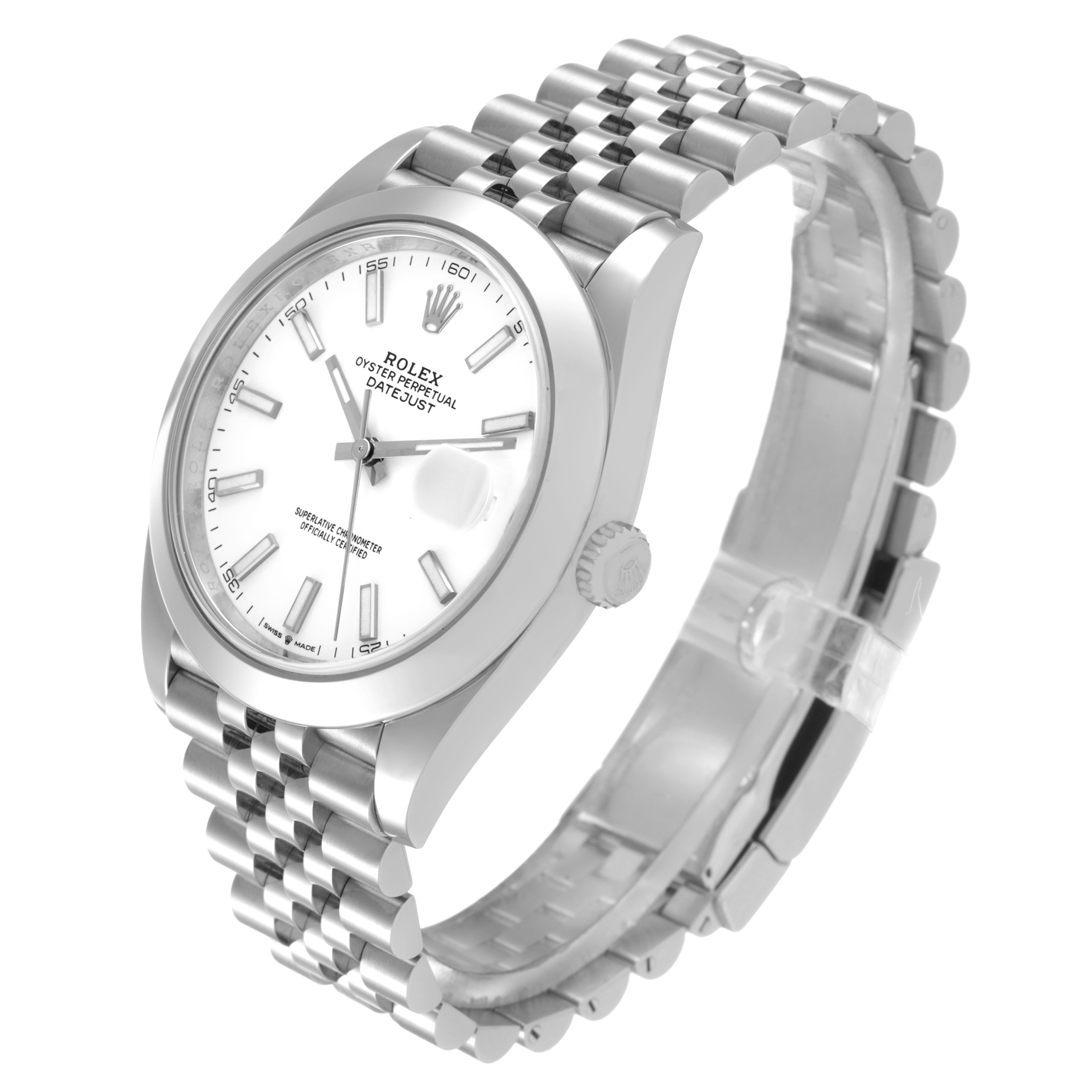 The Rolex Datejust 41 126300 Men's Stainless Steel White Dial watch is shown at an angled side view, displaying its face, bezel, crown, and Jubilee bracelet.