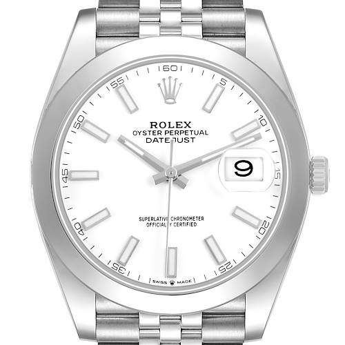 The Rolex Datejust 41 126300 Men's Stainless Steel White Dial watch is shown from the front, displaying the dial, bezel, crown, and part of the bracelet.