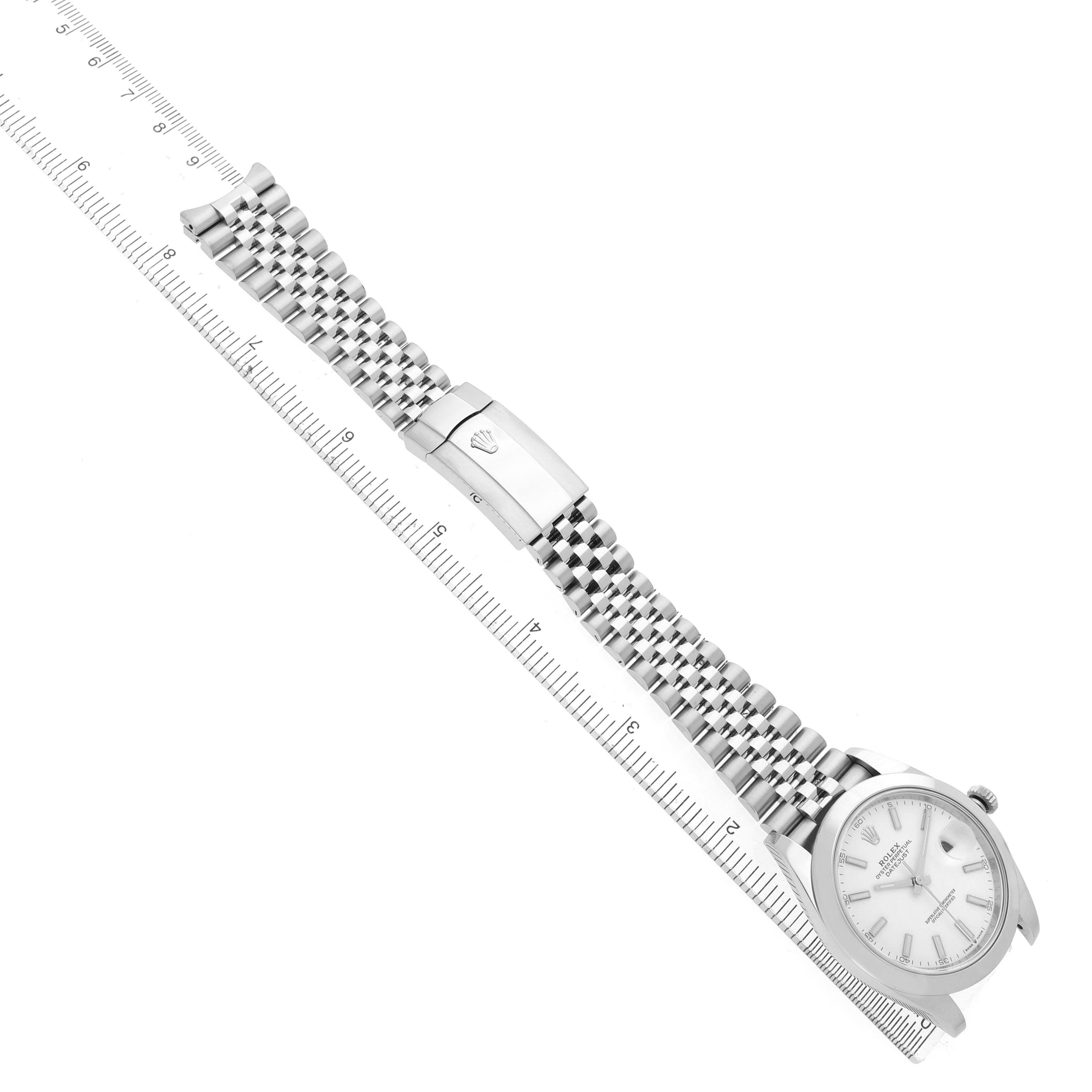 The Rolex Datejust 41 126300 Men's Stainless Steel White Dial is shown from above, displaying the watch face, crown, Jubilee bracelet, and clasp alongside a ruler.