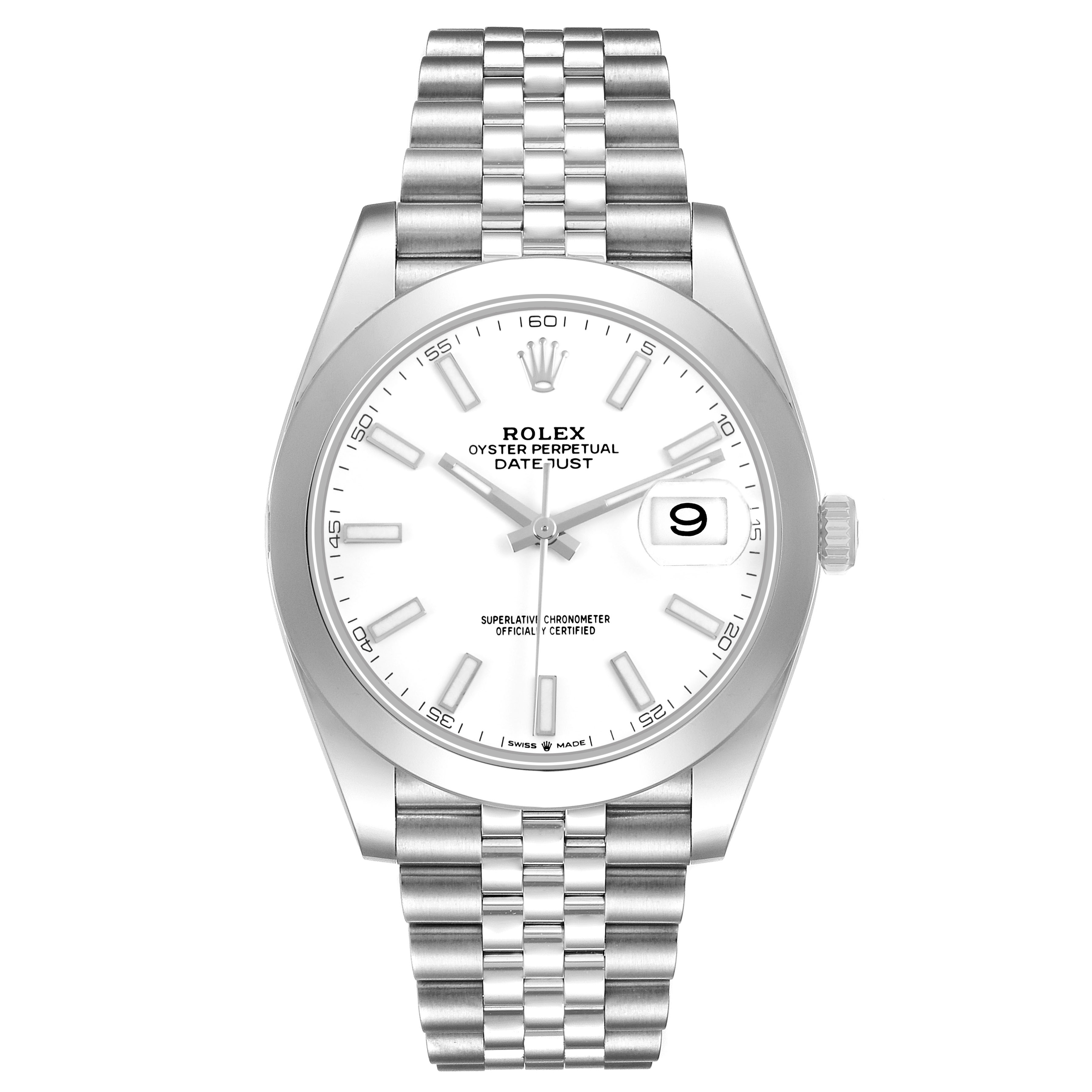 The Rolex Datejust 41 126300 Men's Stainless Steel White Dial is shown from the front, displaying the white dial, date window, and Jubilee bracelet.