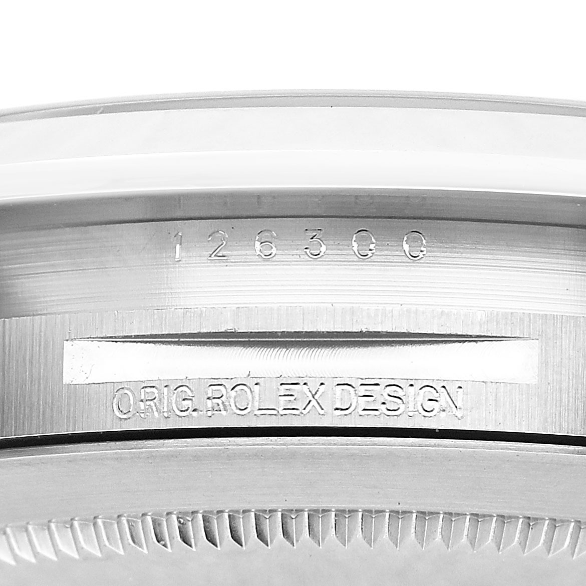 The image shows the side view of the Rolex Datejust 41 126300 Men's Stainless Steel White Dial watch with the model number "126300" and "ORIG. ROLEX DESIGN" engraving.
